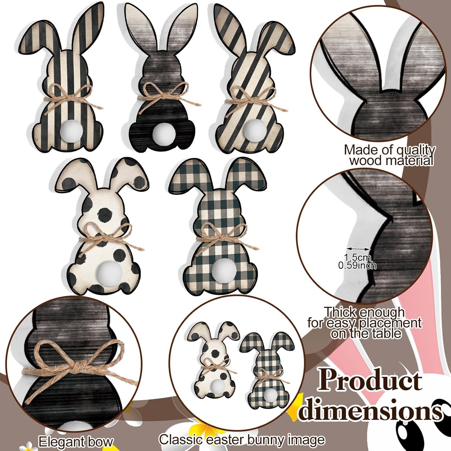5 Pcs Easter Bunny Wooden Signs Buffalo Plaid Bunny Decor with Jute Rope Easter Decorations for The Home Tabletop Decorations for DIY Home Office Farmhouse