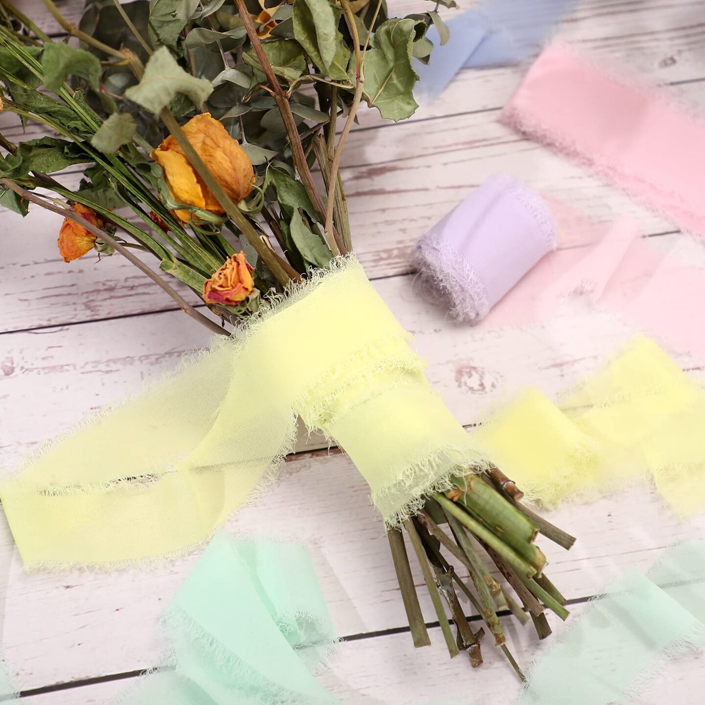 6 Rolls Handmade Fringe Chiffon Silk Ribbon 1.5&#x22; x 3 Yd Colorful Ribbon for Wedding Invitations, Bridal Bouquets, Gifts Wrapping, DIY Crafts (Macarons Color Set)