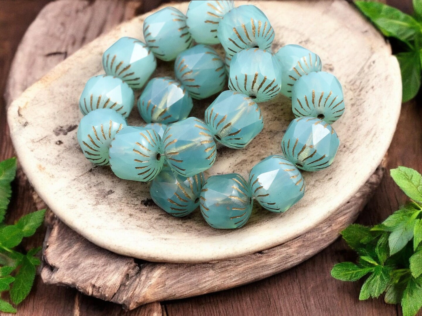 *10* 10mm Bronze Washed Aqua Blue (Vaseline Glass) Center Cut Cruller Beads