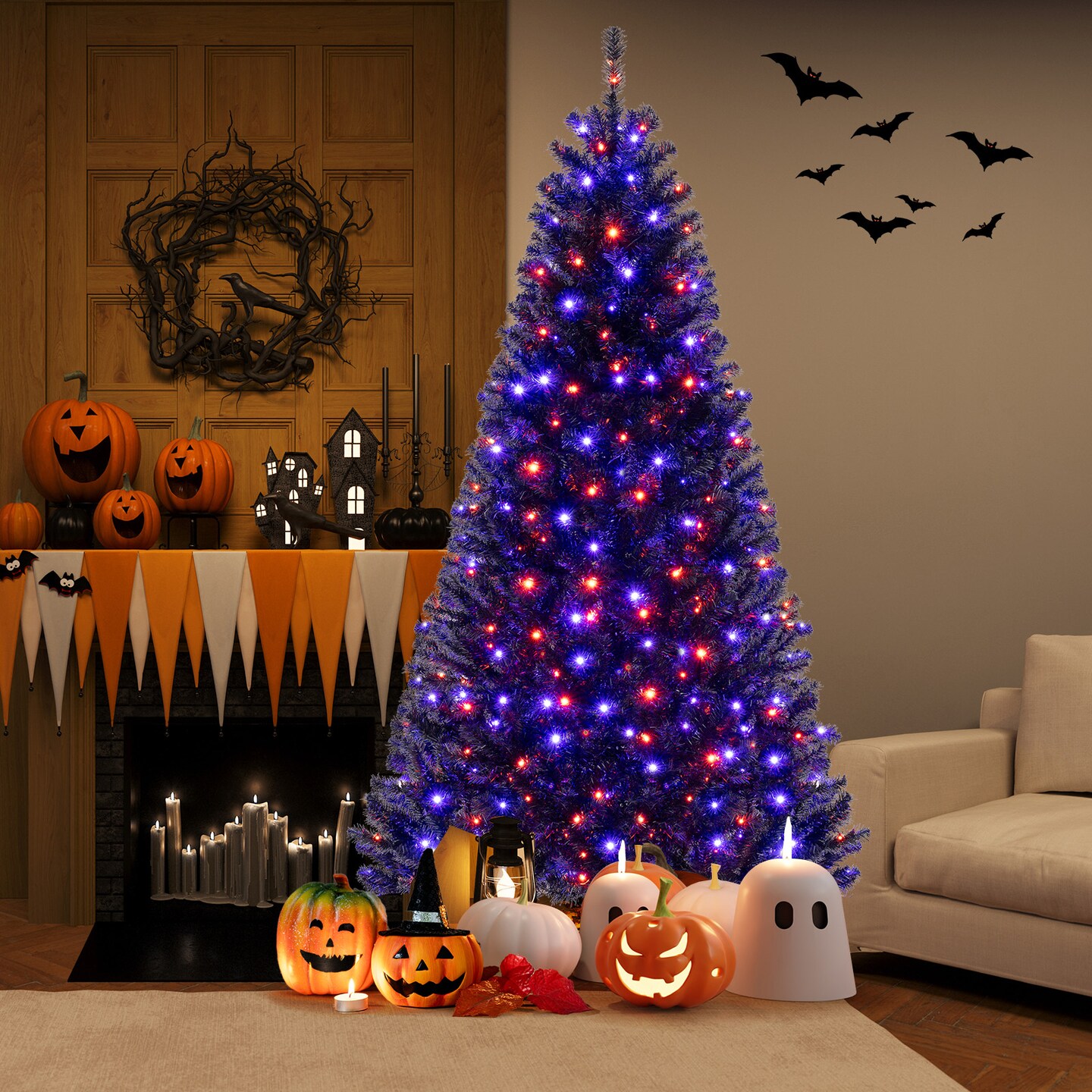 Artificial Christmas Tree with 6 Lighting Modes and Spooky Sounds for Halloween Decoration