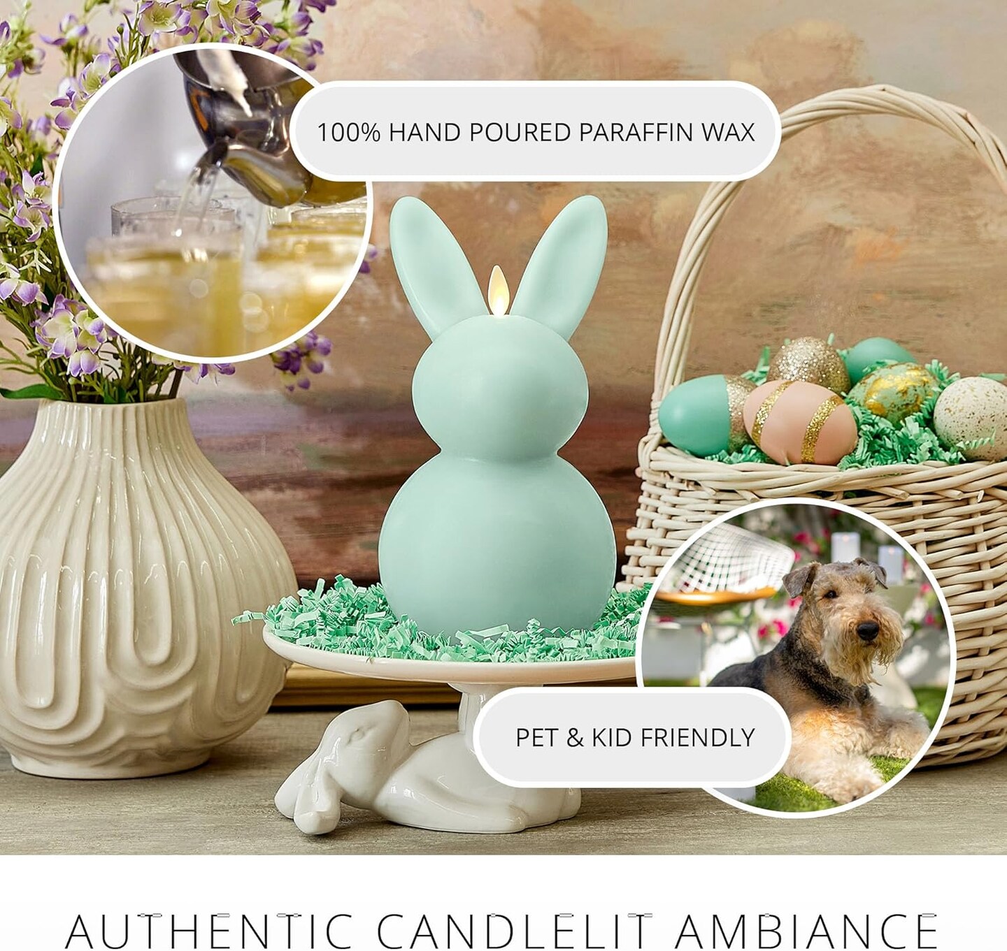Flameless Candle Easter Bunny, Real Wax Moving Flame LED Candle with Timer, Holiday Table Decoration - 4.5" x 8" (Fresh Mint)