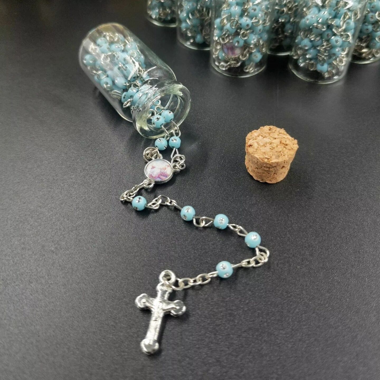 12 Rosary in Glass Bible Cross Blue Beads CATHOLIC Mary Crucifix Necklace Bottle