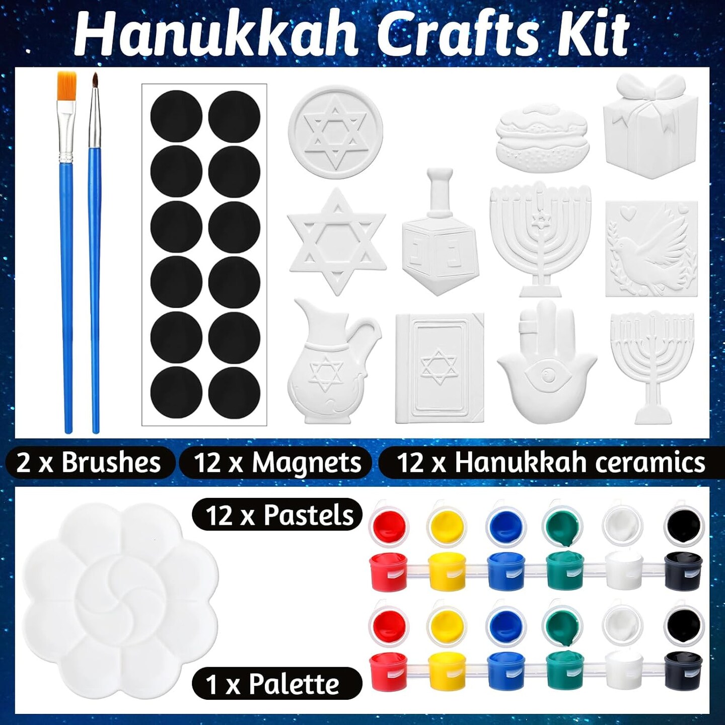 12 Set Purim Crafts Paint Your Own Ceramic Hanukkah Plasters Paint Purim Decoration Gifts DIY Ceramics with Pastel Brush Palette Magnet