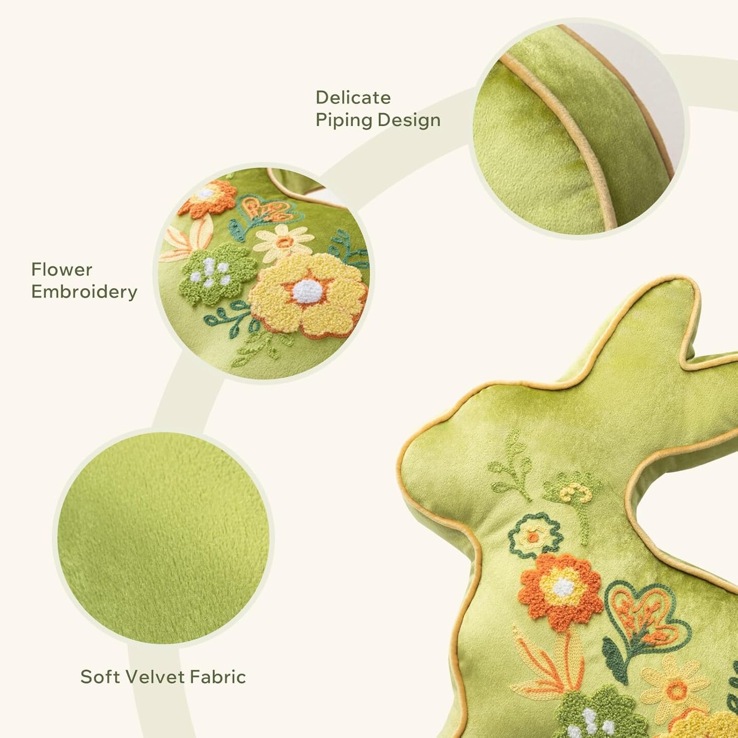 Happy Easter Bunny Shaped Throw Pillow, Embroidered Floral Patterns Cushion Soft Velvet Easter Rabbit