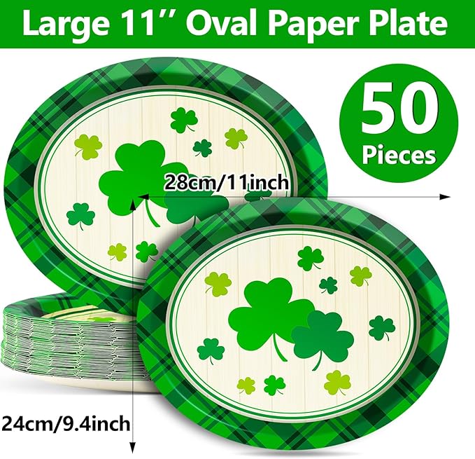 50 Pcs St. Patrick’s Day Party Oval Paper Plates 11inch Large Green Shamrocks Platters, Wood Grain Dish Tray for Irish Party Supplies St. Patrick’s Day Party Decor Dinner Party Tableware