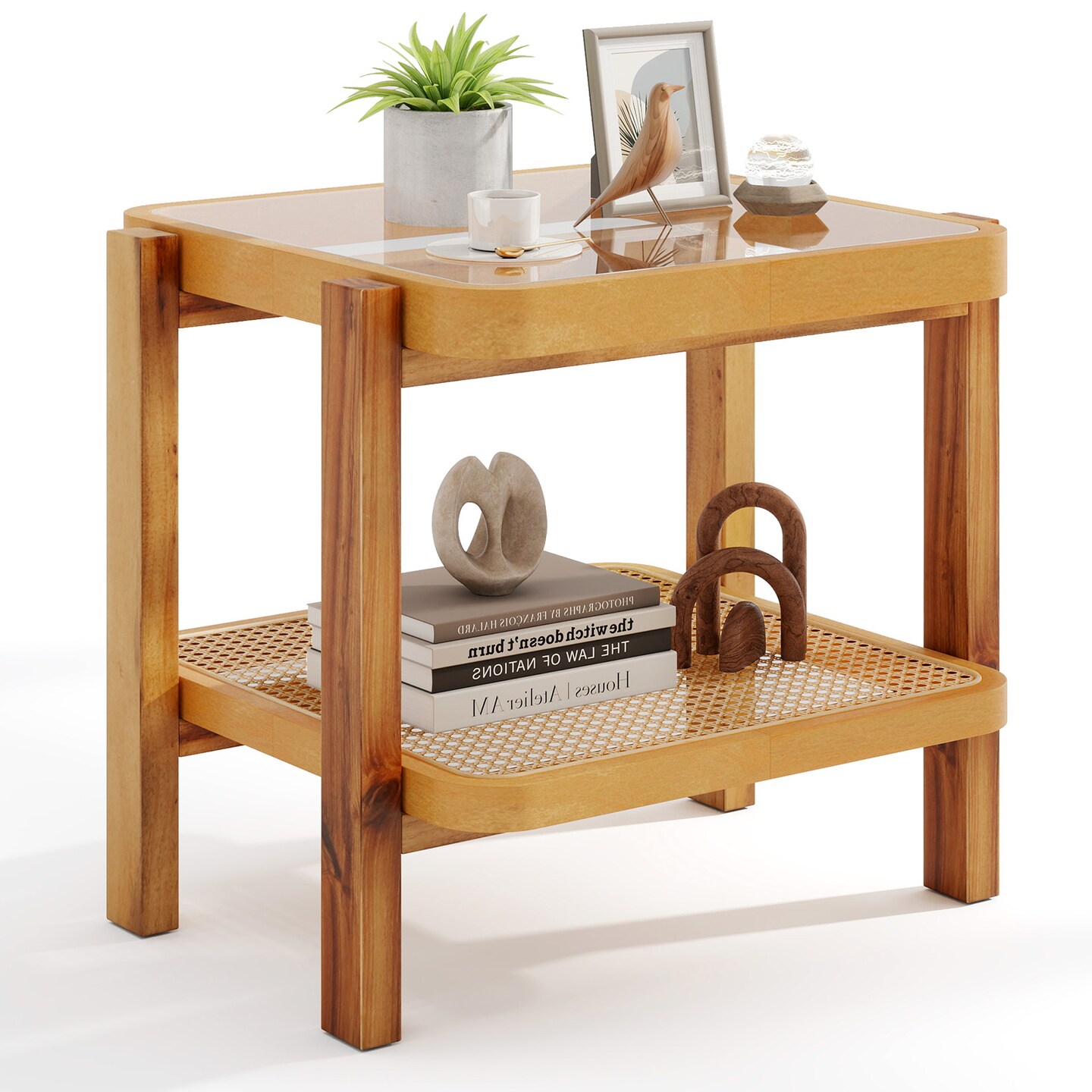 Rattan 2-Tier End Side Table with Tempered Glass Top Acacia Wood Legs-Natural