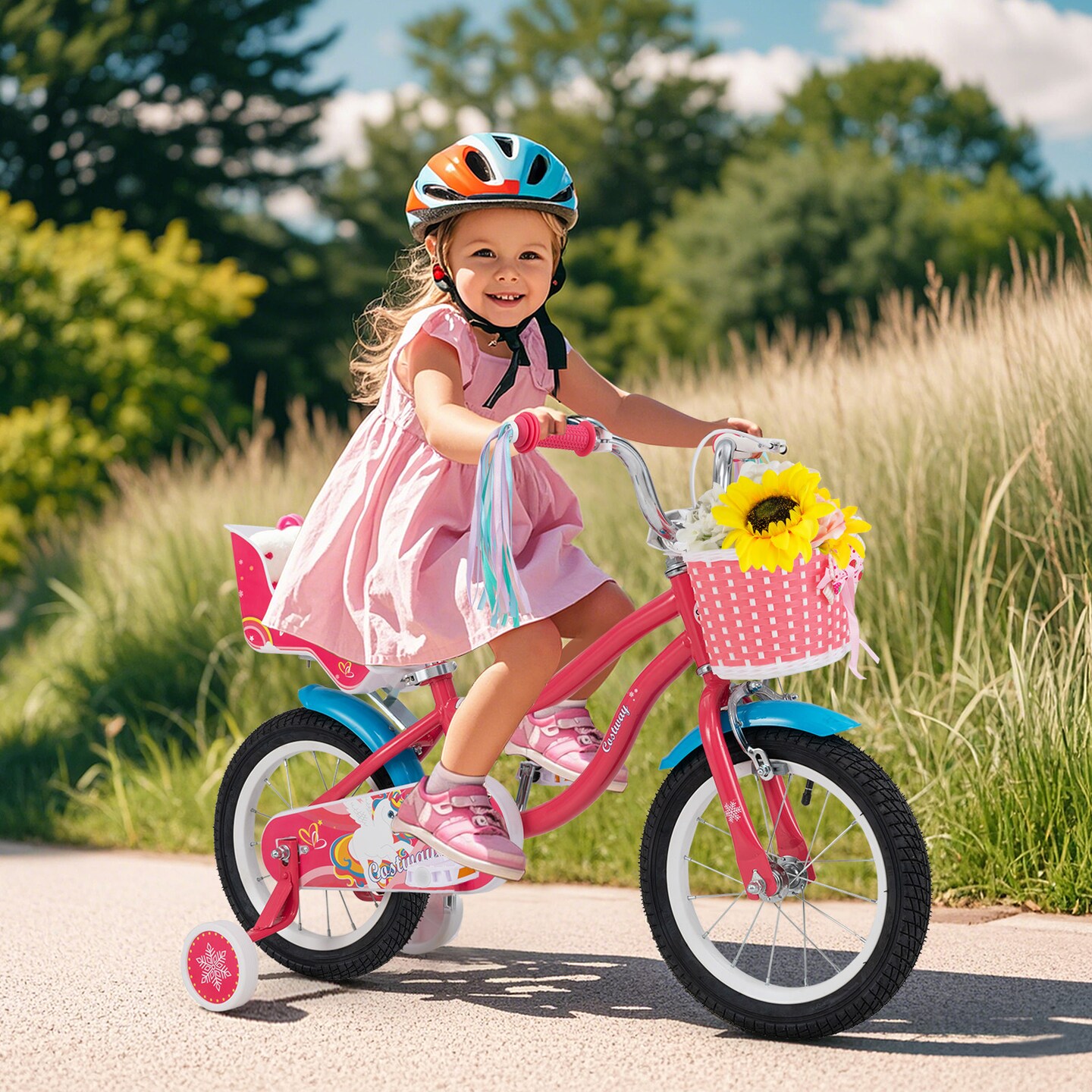14 Inch Girls Bike with Doll Seat, Training Wheels for 3-5 Years Old Kids, Pink Steel Frame