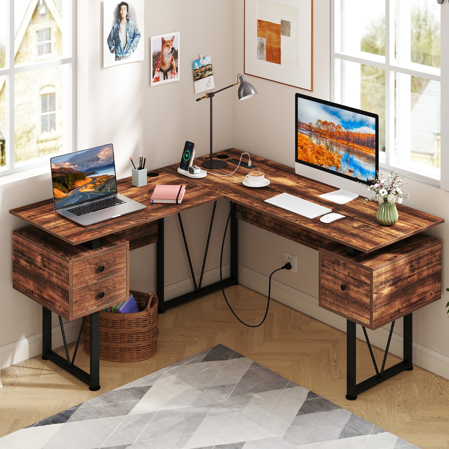 Rustic Brown L-shaped Computer Desk with Power Outlets and 3 Storage Drawers