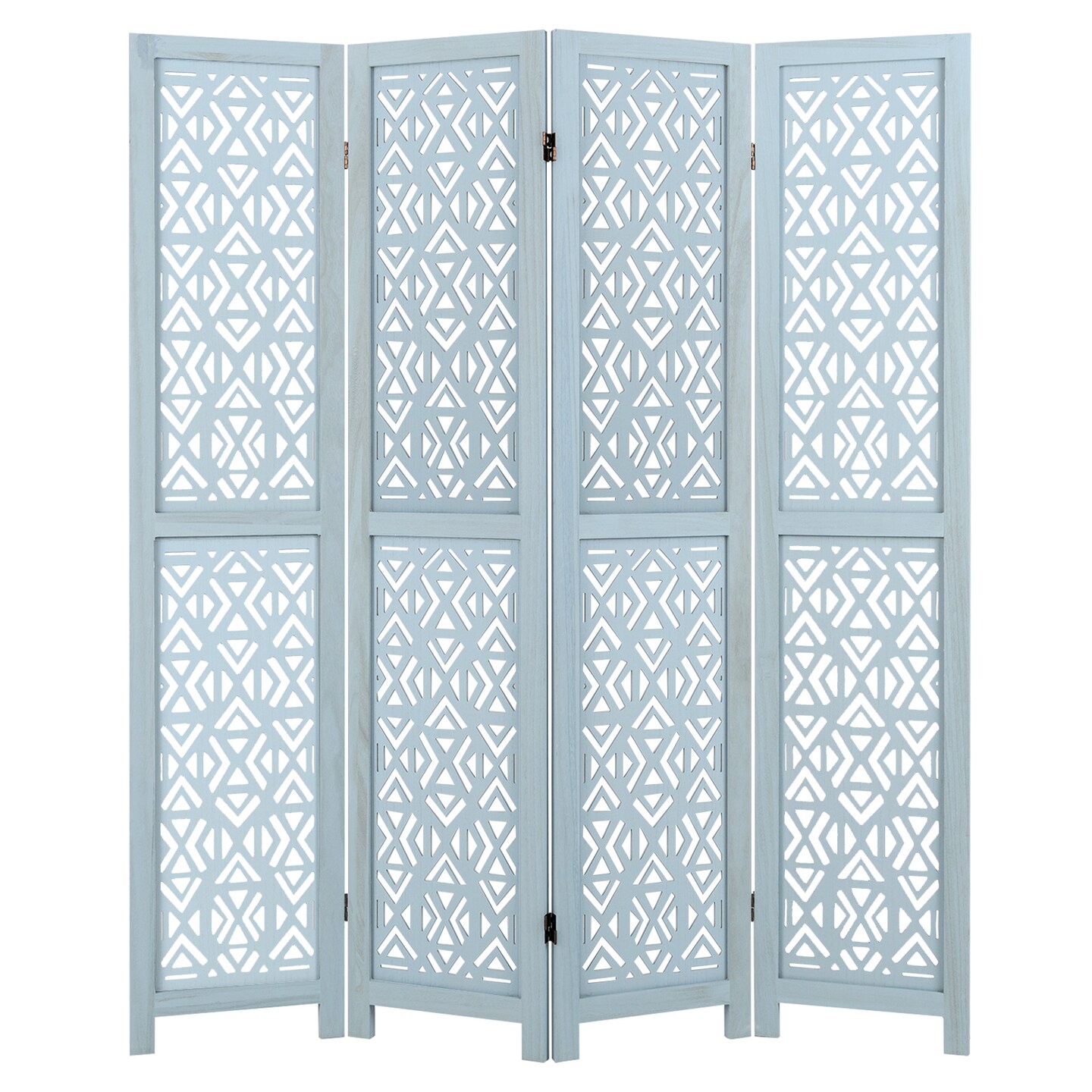Blue Wooden Room Divider with Carved Cutout Pattern and Solid Wood Frame