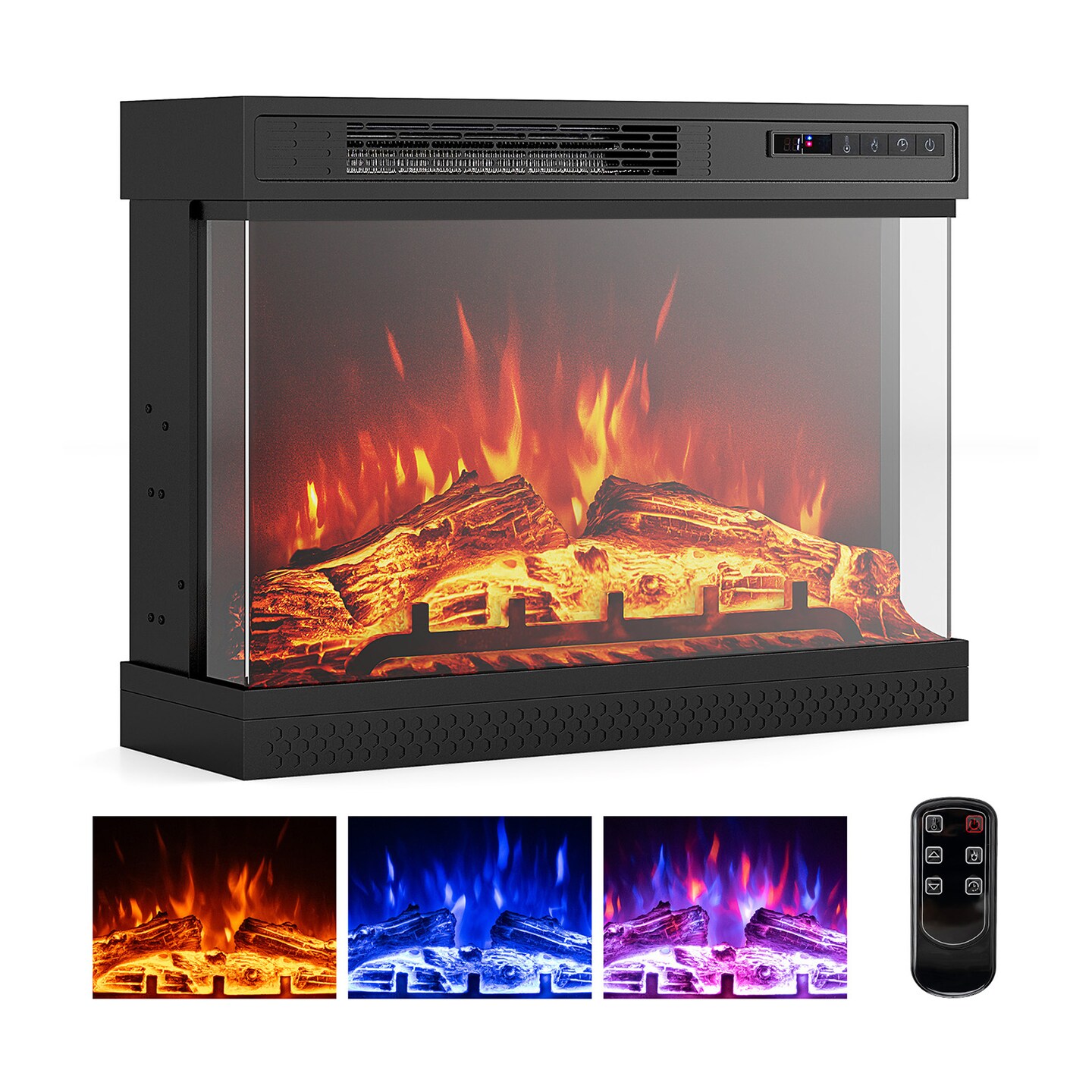 Black 24 Inches 3-Sided Glass Electric Fireplace Heater with Remote Control