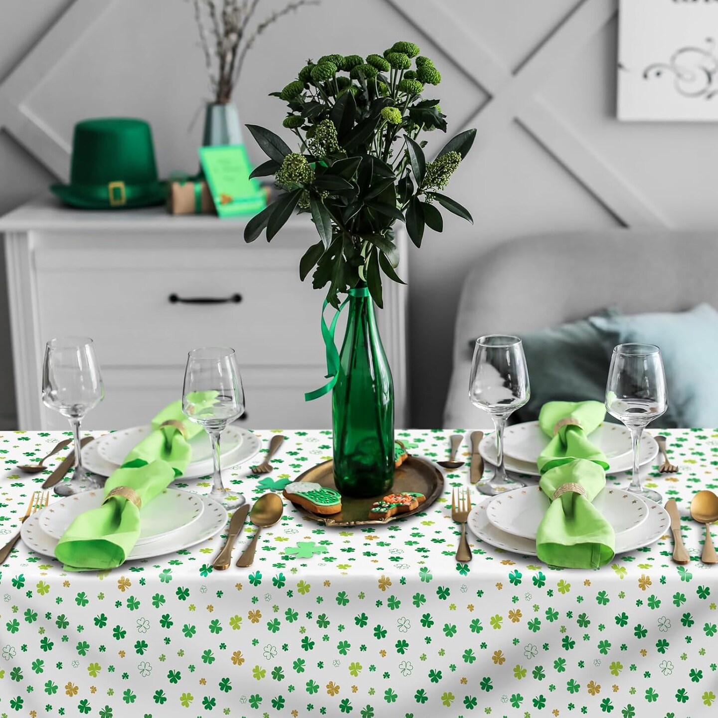 2 Packs St Patrick Day Shamrock Tablecloth Table Cover Plastic Waterproof Shamrock Tablecloth for St Patrick Day Clover