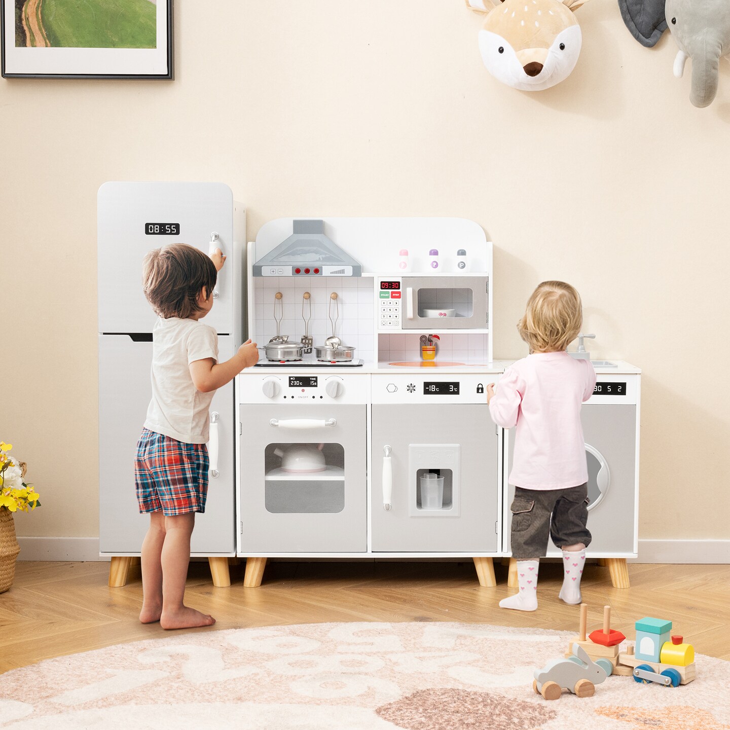 Kids Kitchen Playset 3-in-1 with Refrigerator and Washing Machine-Grey