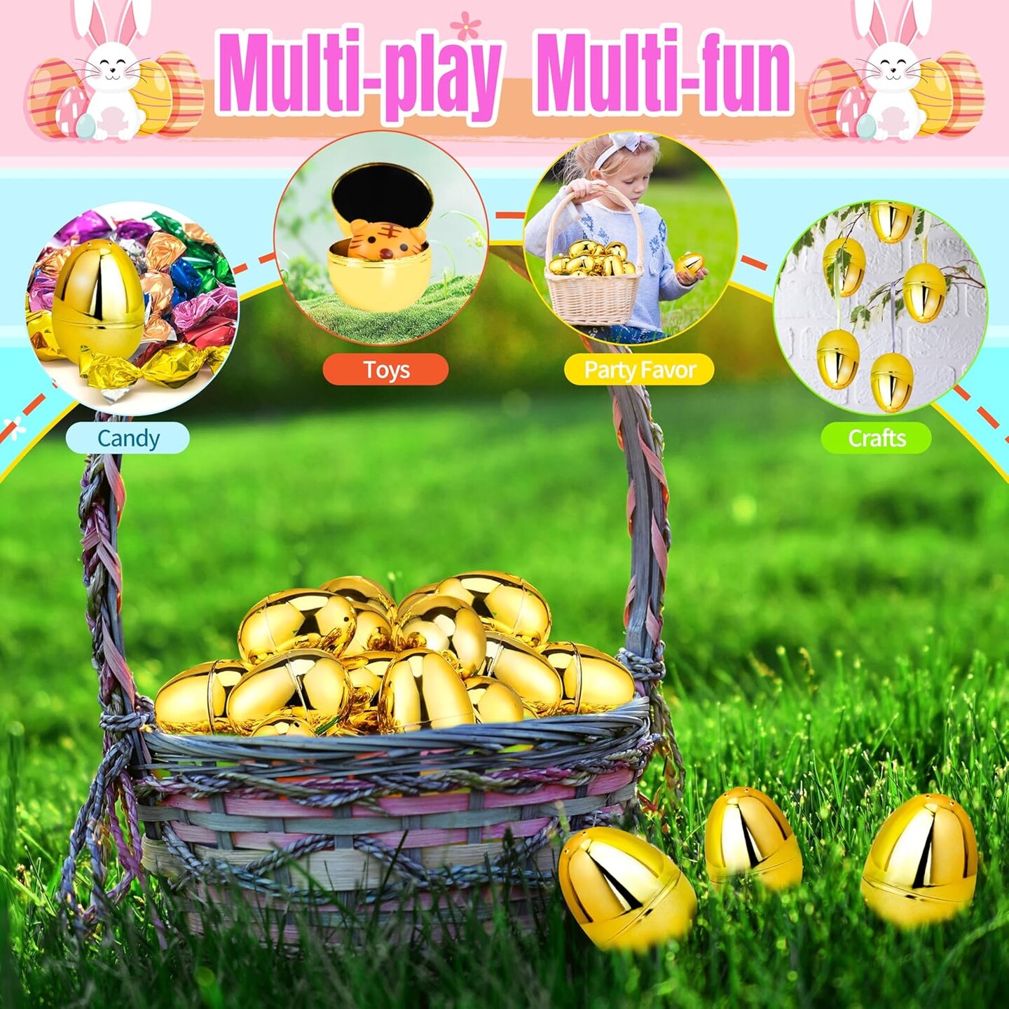 18 Pcs Shiny Golden Metallic Easter Eggs Bulk, 2.3 ", Fillable Gold Empty Easter Eggs for Fillling Candy, Treats, Easter Hunt Basket Suffers Fillers, Easter Theme Party Favors