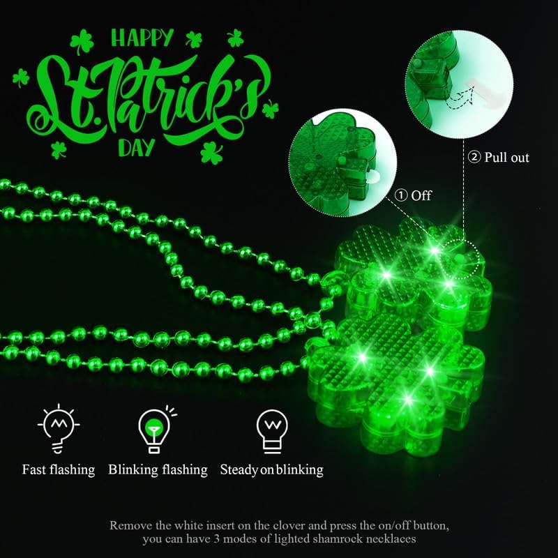 4Pcs Light up Shamrocks Beads Necklaces, St Patrick&#x27;s Day Necklace Accessories Led Shamrocks Necklaces Metallic Green Bead Clovers Necklaces for Irish St. Patricks Day Party Favor Supplies