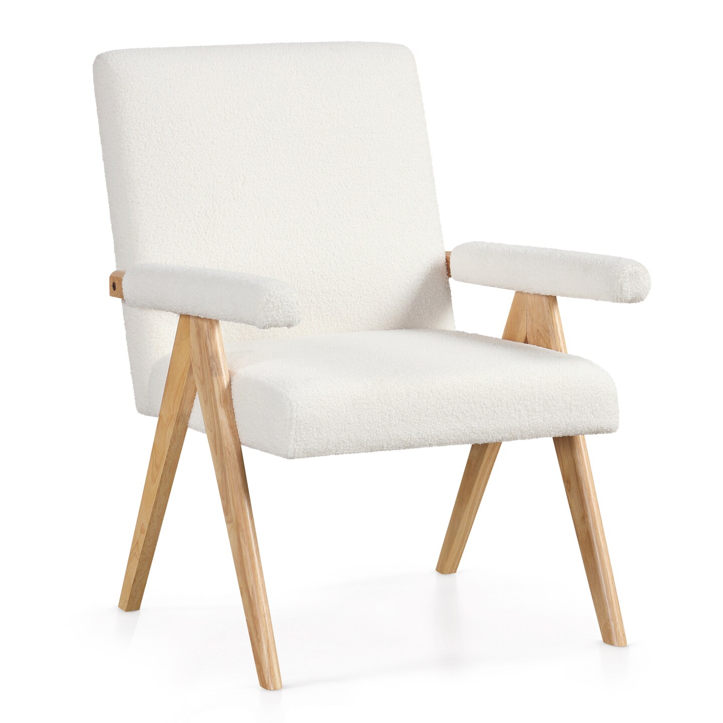 Beige Sherpa Fabric Accent Chair with Wood Arms and Backrest Comfy Lounge Chair for Modern Homes
