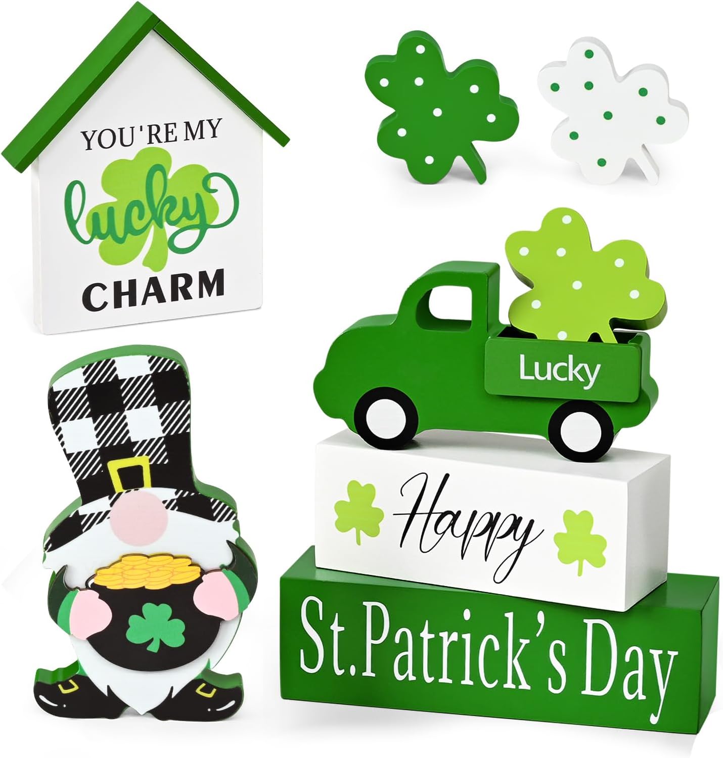 St Patricks Day Decorations, Green Truck Shamrock Decorations with Gnome Wooden Block Sign