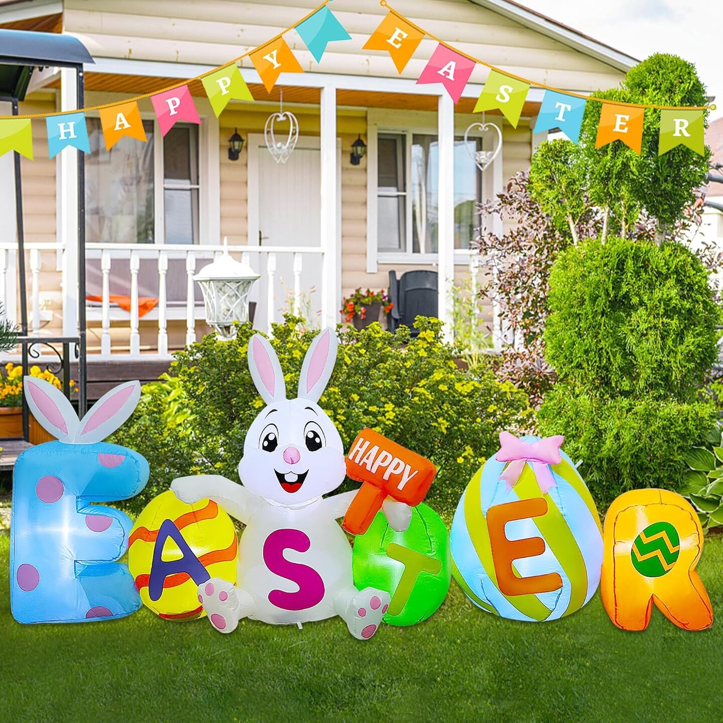 8FT L Easter Inflatable Yard Decoration, Lighted Blow Up Bunny Sitting with Easter Eggs, Light Up Air Blown Rabbit Happy Easter for Spring Holiday Lawn Garden Indoor Outdoor Decors