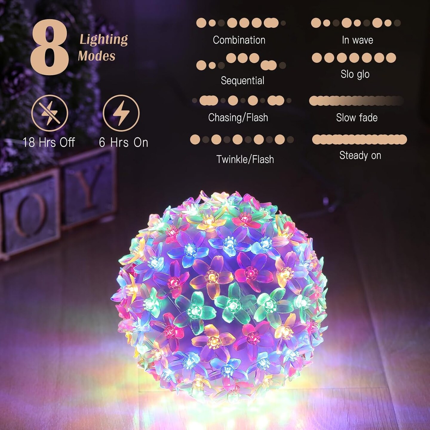 Christmas Light Ball Cherry Blossom Sphere, Battery Powered Christmas Window Lights Indoor, 2 Pack Hanging Lights for Outdoor Christmas Decoration with Timer Function, Colorful Light