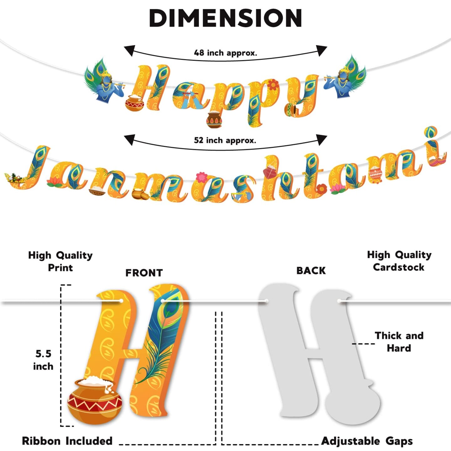 Happy Janmashtami Banners Indian Festival Bal Gopal Bunting Diy Decorations Hanging Banner for Indoor Outdoor Decoration Krishna Janmashtami Celebration Supplies Home Decor Ideas (19 Pcs)
