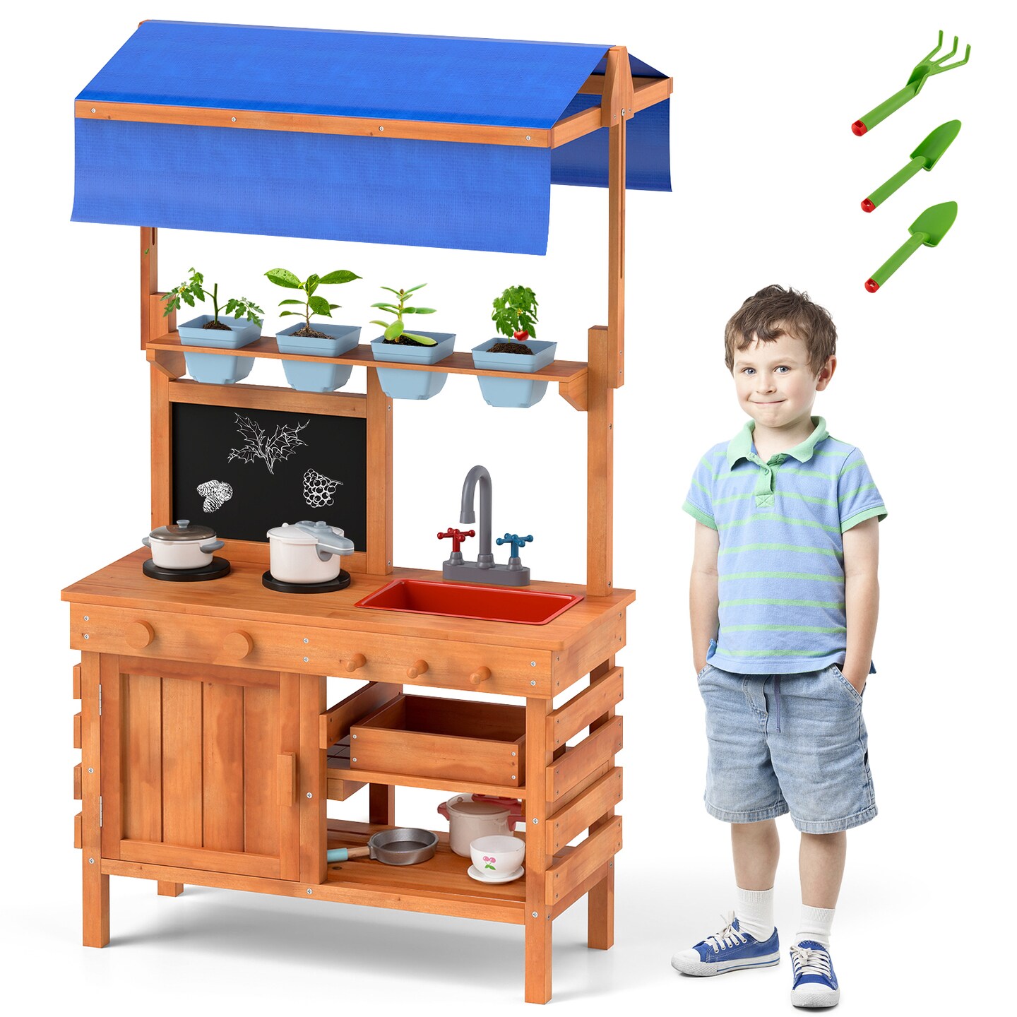 Natural Wood Pretend Play Kitchen with Height-Adjustable Canopy for Kids