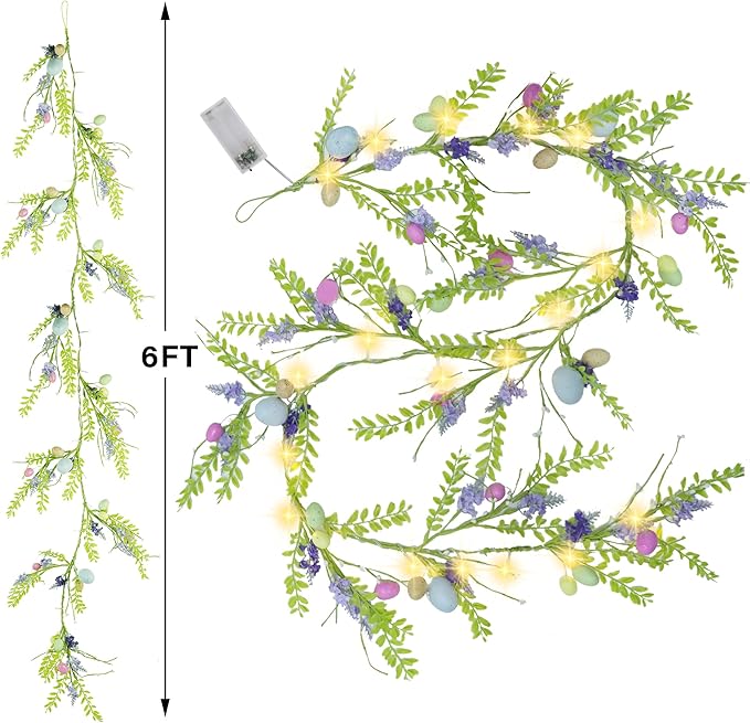 6 FT Easter Garland, Lighted Artificial Garlands with Egg, 20 LED Lights Spring Floral Garland, Easter Decorations for Home Kitchen Mantle Fireplace, Indoor Outdoor Holiday Party Decor