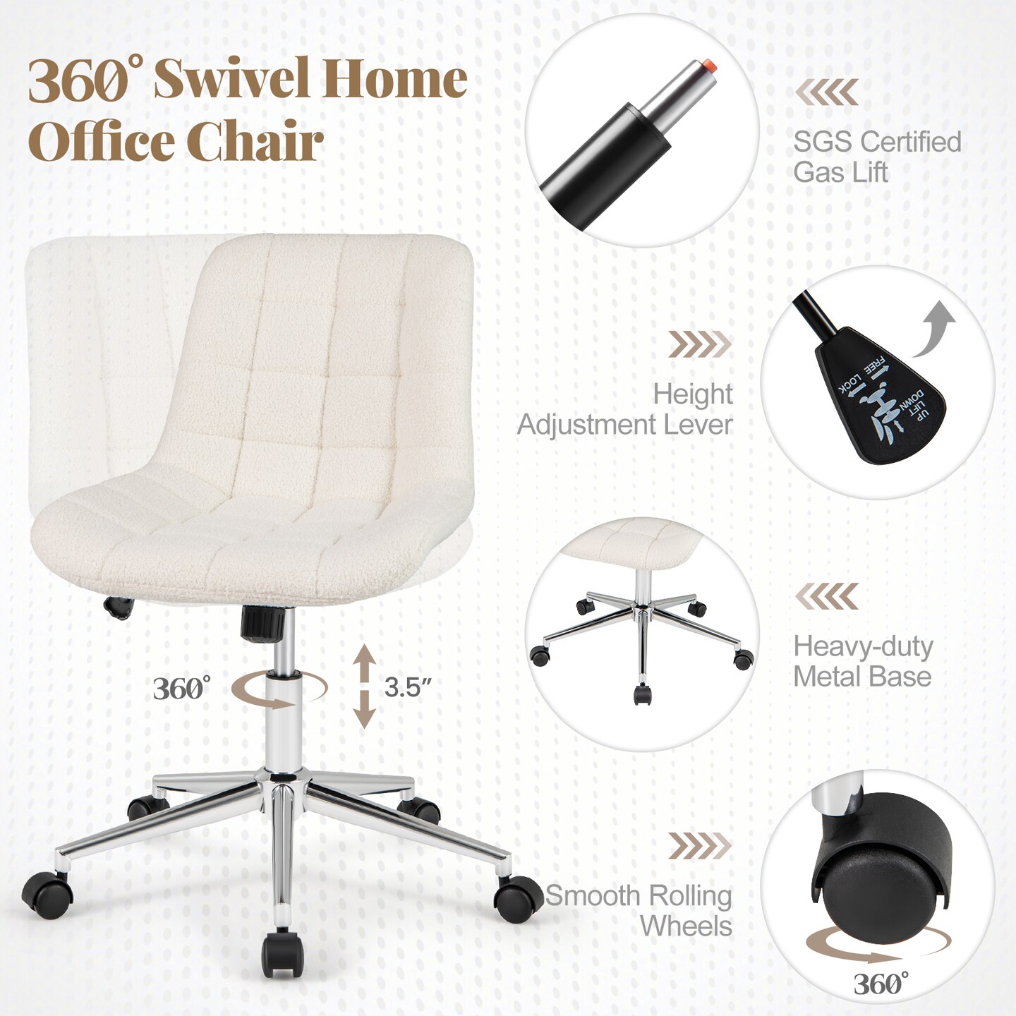 White Teddy Fleece Armless Office Chair with 5 Smooth Rolling Wheels and Metal Base