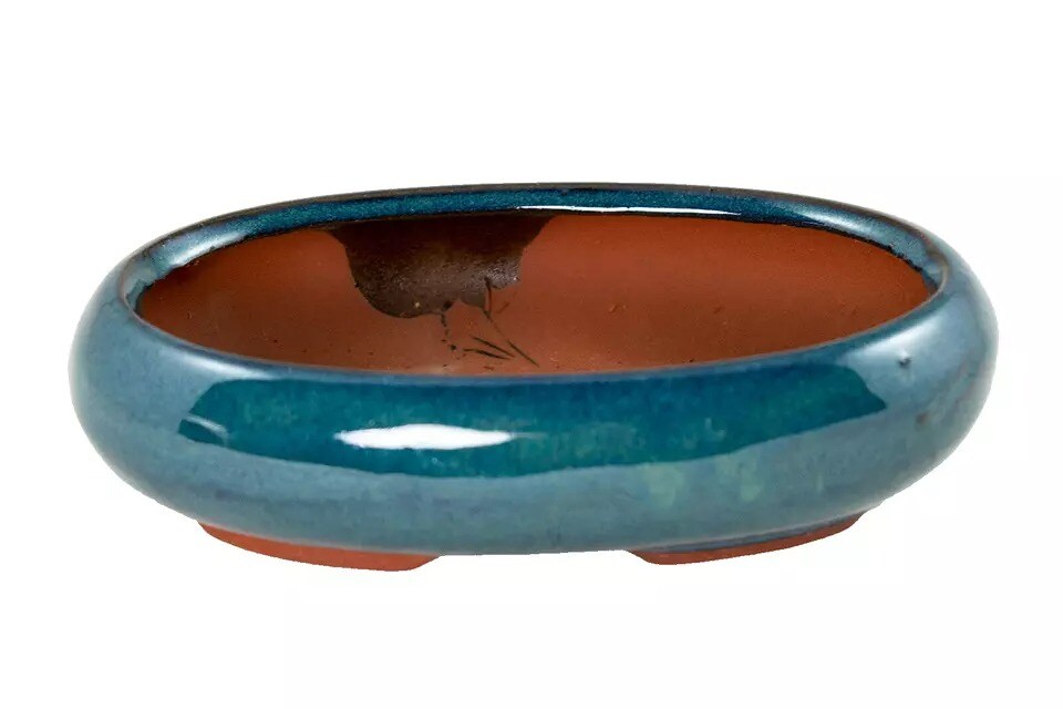7.25&#x22; Oval Teal Green Bonsai / Succulent Pot + Tray + Rock + Mesh - Combo