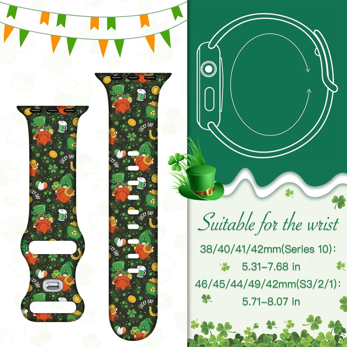 Compatible with Dressy Designer Silicone St Patrick&#x27;s Day Apple Watch Bands for Women Men 42mm(Series 10) 41mm 40mm 38mm, St Patrick&#x27;s Day iWatch Bands for St Patrick&#x27;s Day Apple Watch Watch Ultra 2 1 SE Series 10 9 8 7 6 5 4 3 2 1 Sport Band (Leprec