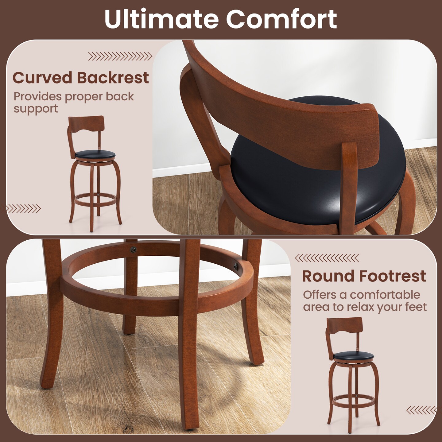 Velvet Swivel Bar Stools Set of 2 with Rubber Wood Frame and Upholstered Seat