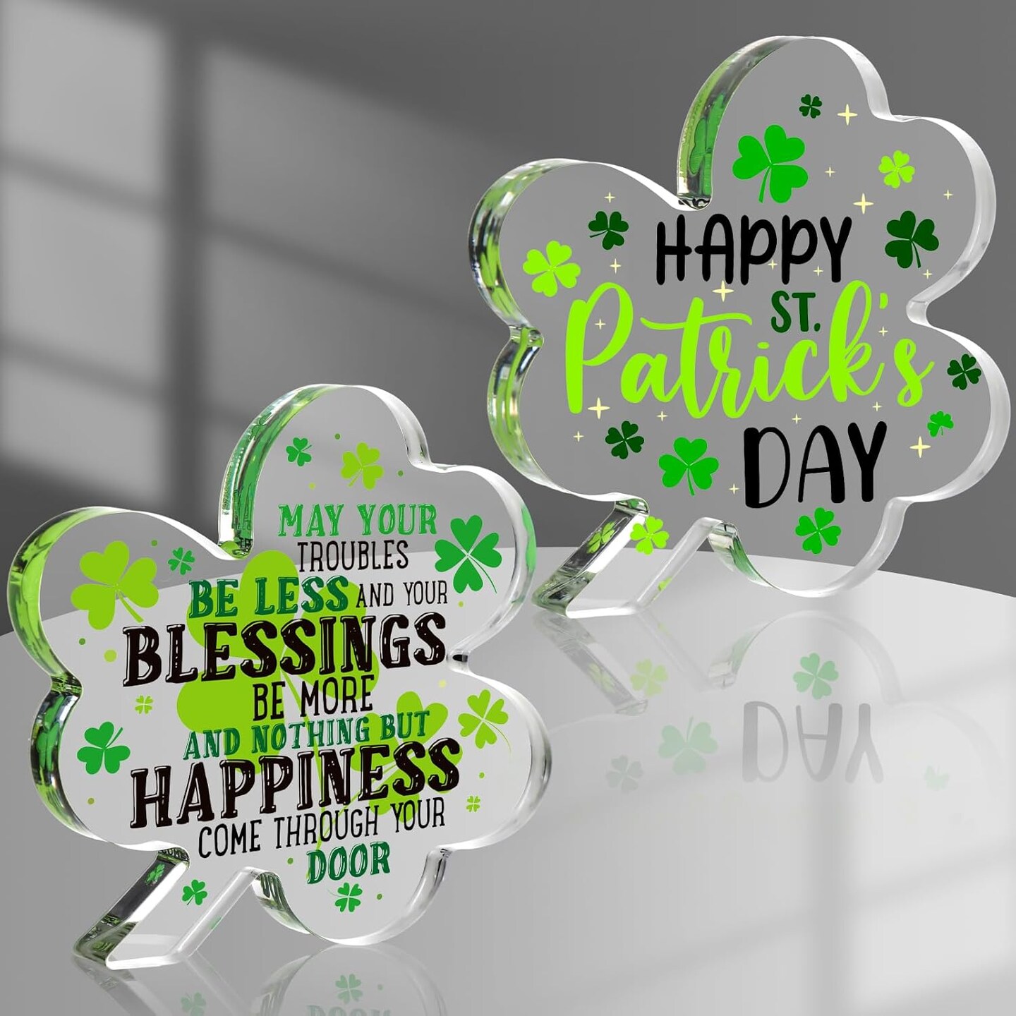 2 Pcs St Patricks Day Gifts Acrylic Shamrocks St Patricks Day Decor for Table, Office Desk, Shelf, Mantle May Your Troubles Be Less Happy Clovers Keepsake Gifts for Home Office, 4.72 x 4.72 inches