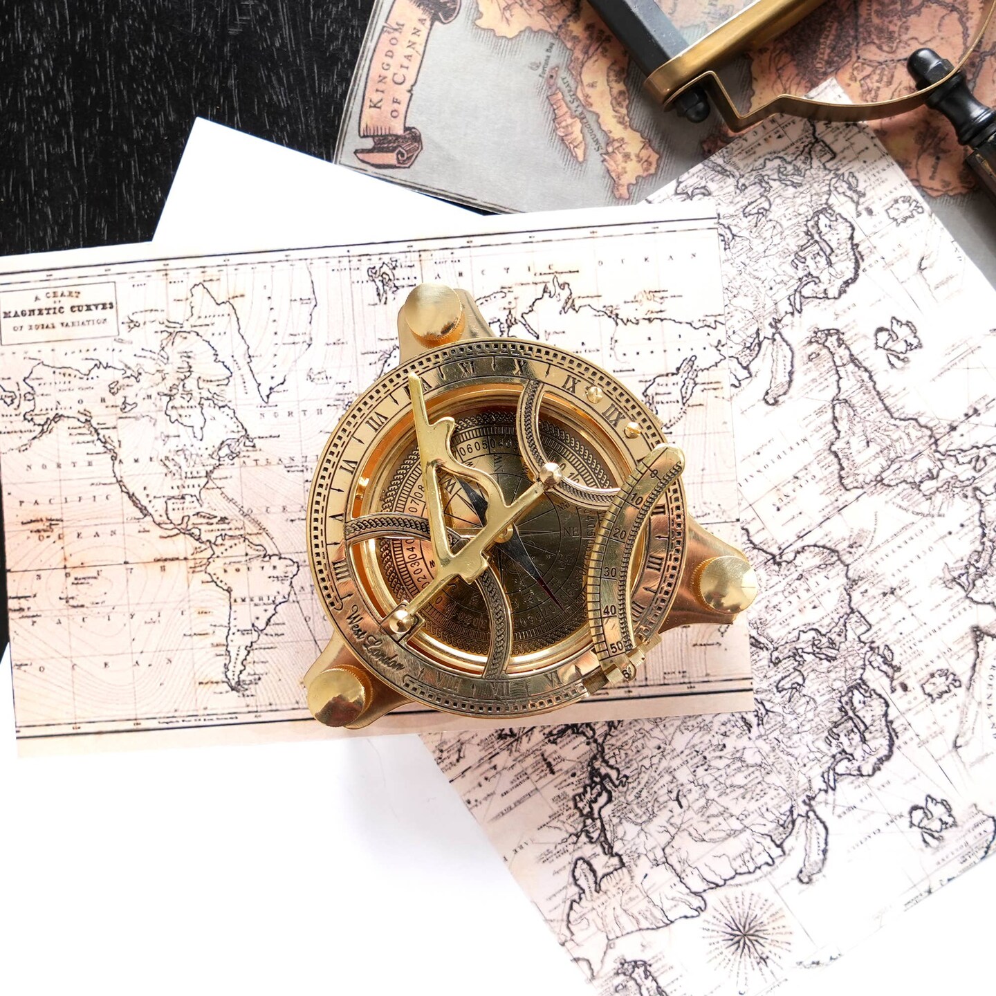 Vintage Collectible Brass Sundial Compass -Golden