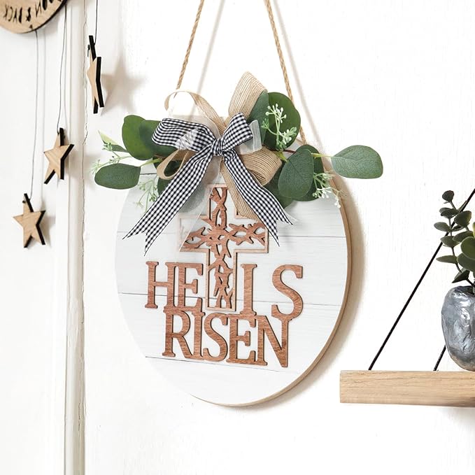 He is Risen Easter Front Door Sign Wreath (11.4&#x22;x11.4&#x22;), Rustic Christian Cross Wall Sign Hanging, Farmhouse Religious Easter Home Door Decoration for Housewarming Easter Gift