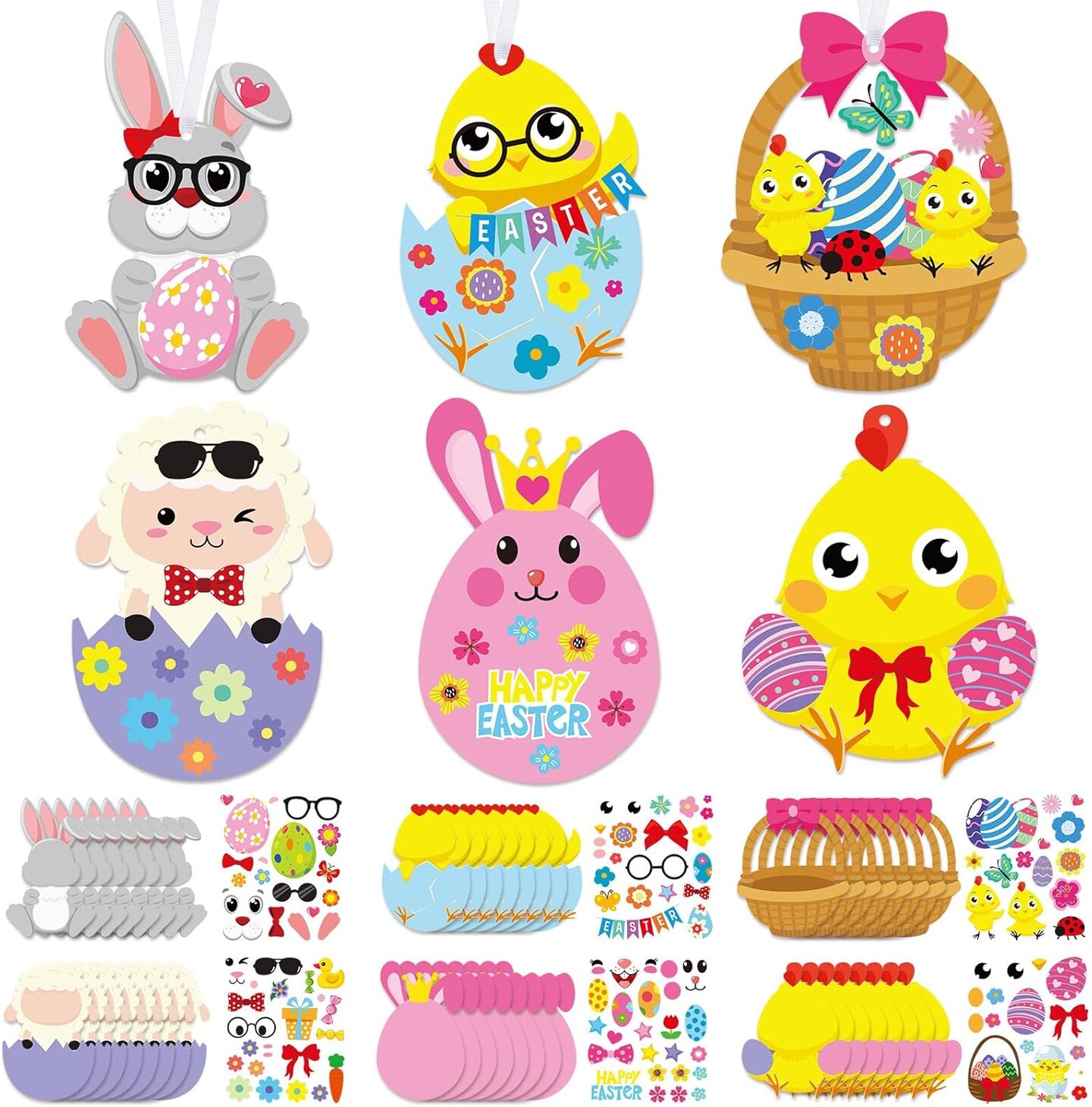 48 Pcs Easter Crafts Kits for Kids Easter Egg Bunny Crafts DIY Easter Ornament Kit Make Your Own Easter Craft Stickers Easter Activities for Kids Easter Party Classroom Favors Decor Supplies