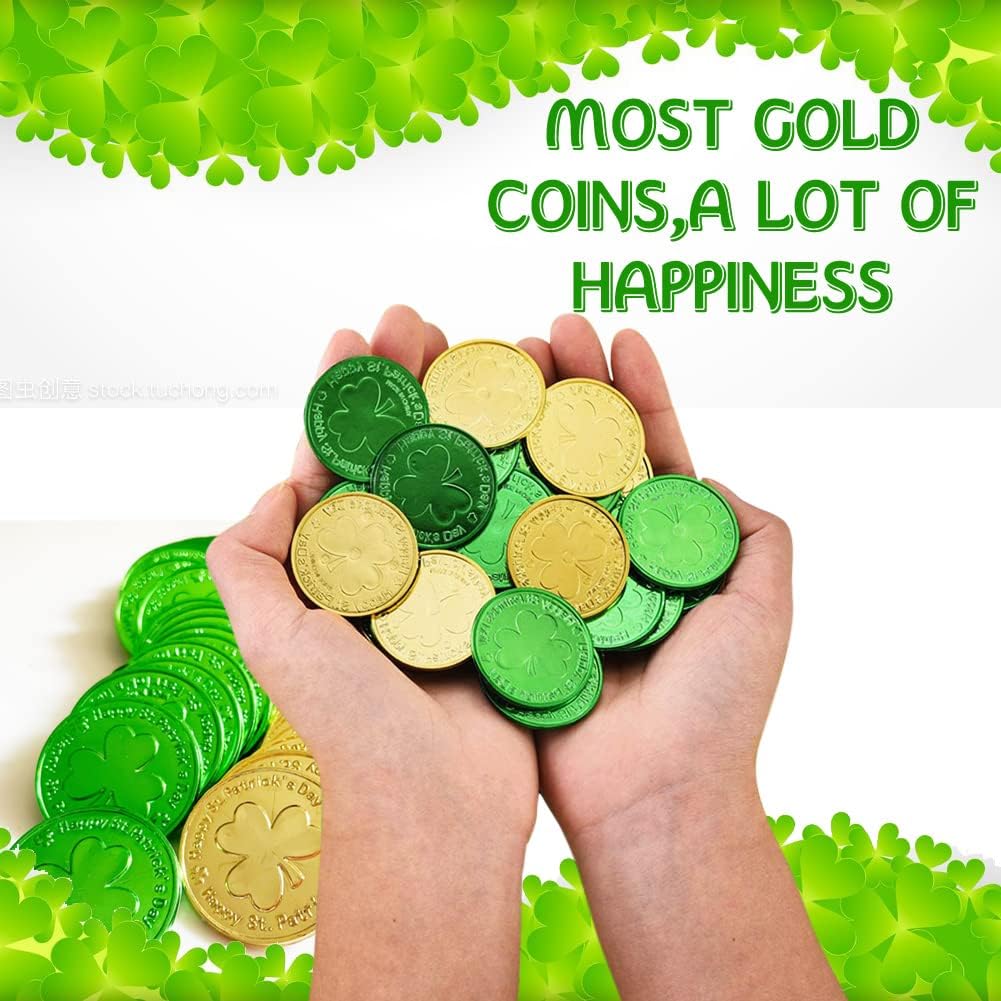 St. Patrick's Day Gold Coins, 120 Pieces Gold Green Lucky Coins Plastic Shamrock Leprechaun Coins, 3-Leaf Clover Coin Table Scatter Decoration for St. Patrick's Day Party Favors