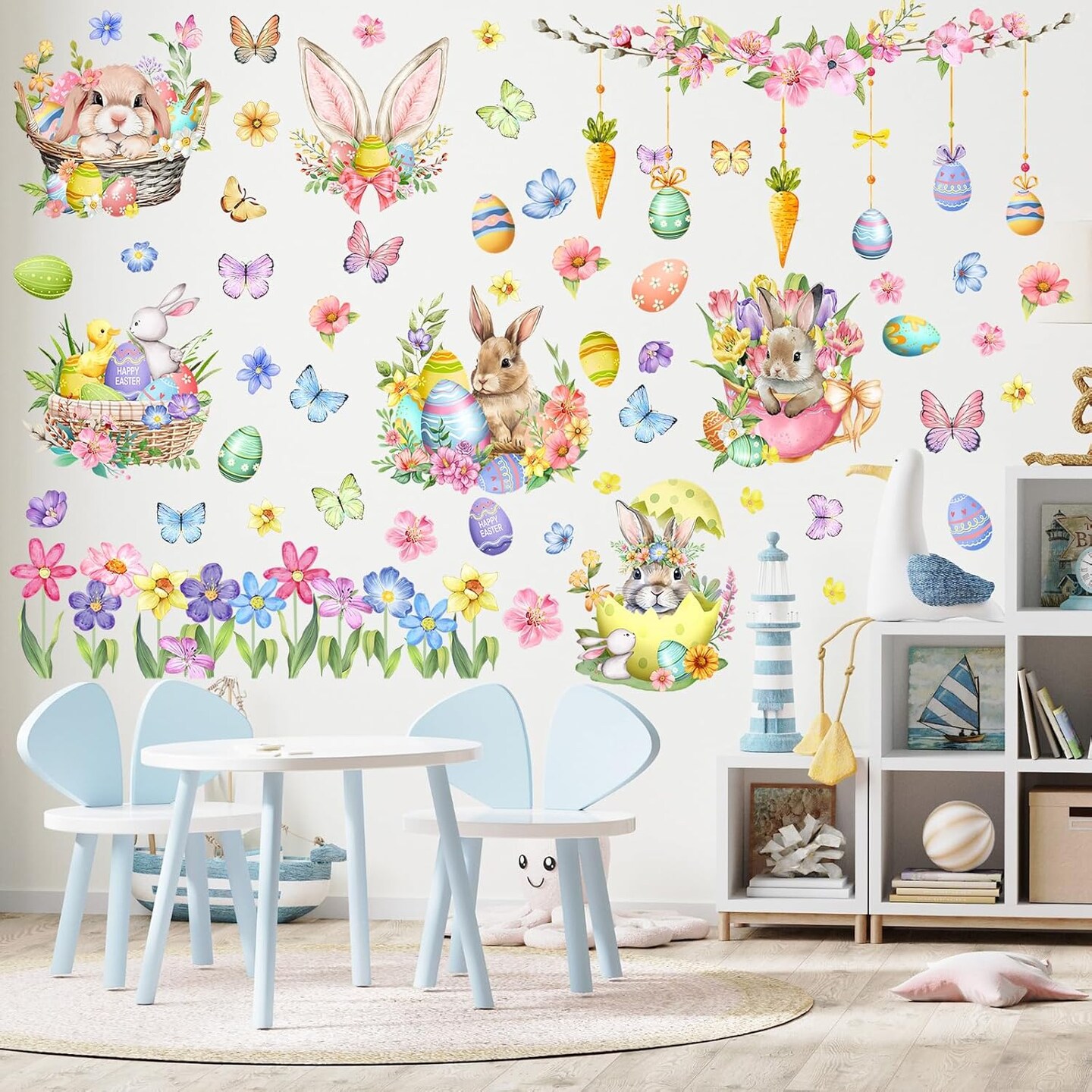 Large Easter Wall Stickers for Wall Decoration Easter Egg Branches Wall Stickers Peel and Stick Easter Window Stickers Living Room Bedroom and Nursery Supplies Spring Rabbit Stickers, 6 Sheets
