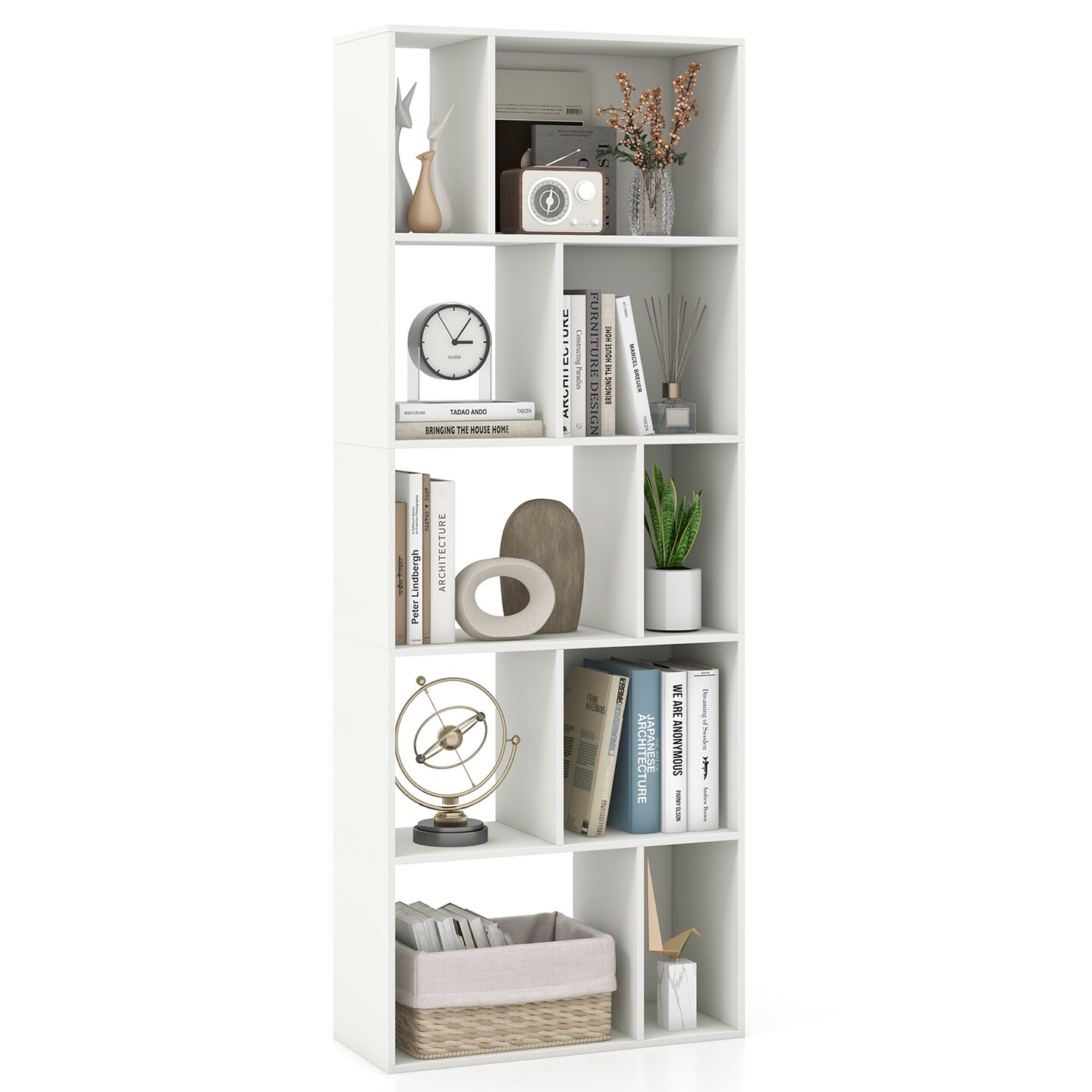 63 Inch White Tall 5-Tier 10-Cube Geometric Bookshelf Perfect for Living Room, Study or Office
