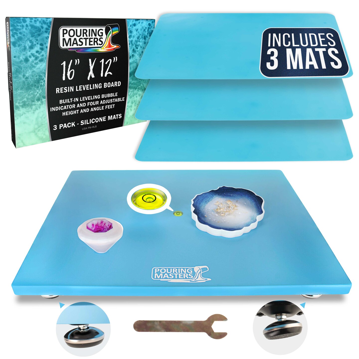 Leveling Board for Epoxy Resin, 16&#x22; x 12&#x22;, 3 Silicone Cover Mats - Adjustable Precision Leveling Table for Self-Leveling Resin, Acrylic Pouring Paint, Molds, Arts, Crafts Projects Tool