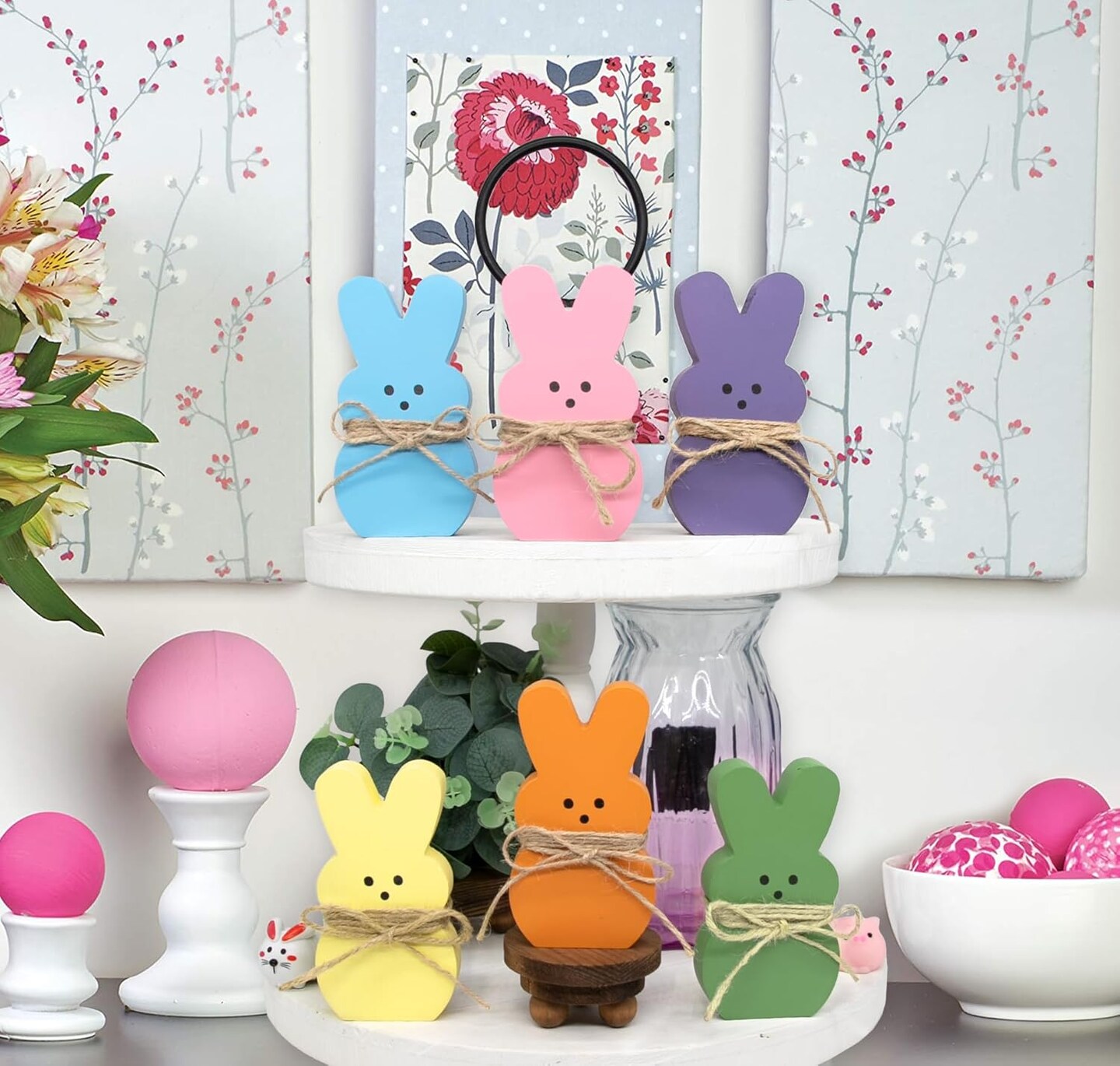 Easter Decorations - 6PCS Wood Bunny Peeps Easter Tiered Tray Decor Signs