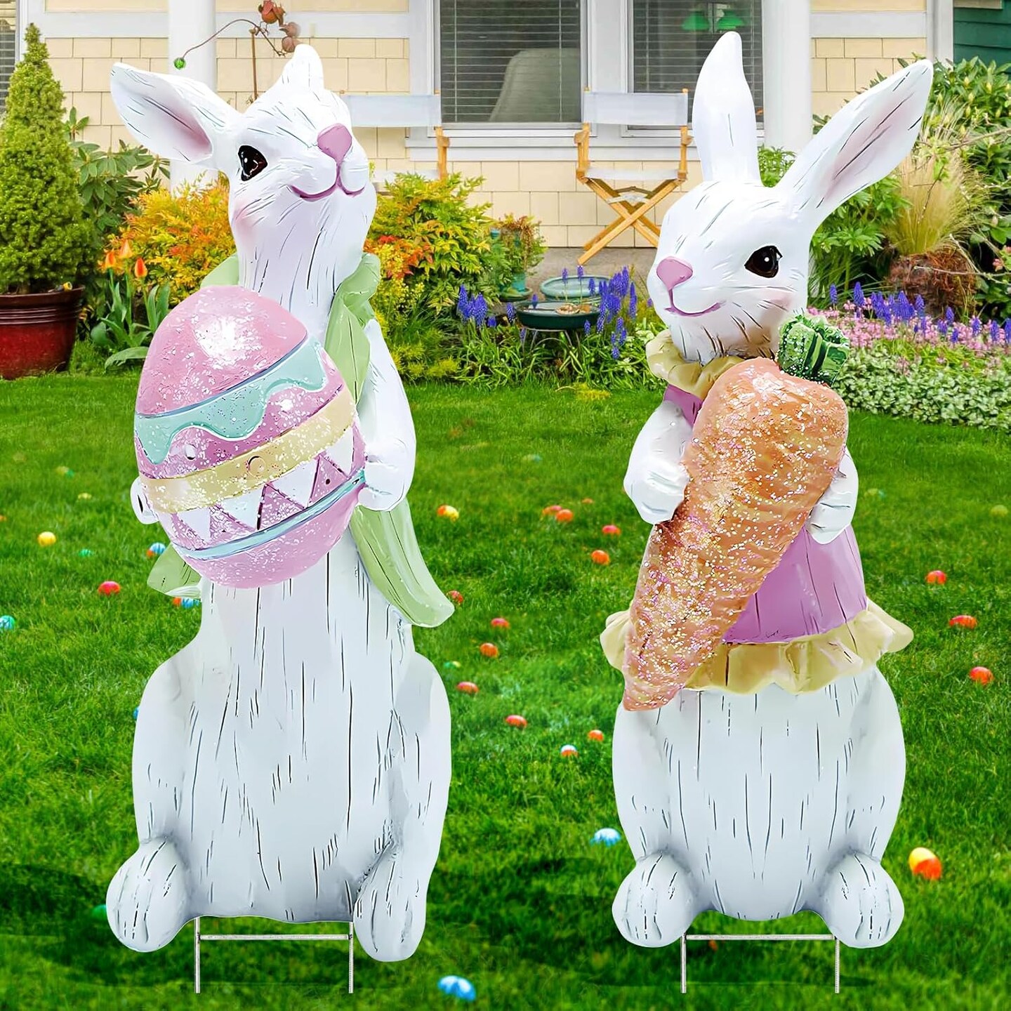 2PCS Large Easter Yard Decorations – Outdoor Bunny Signs with Metal Stakes, Waterproof Lawn and Garden Pathway Decorations