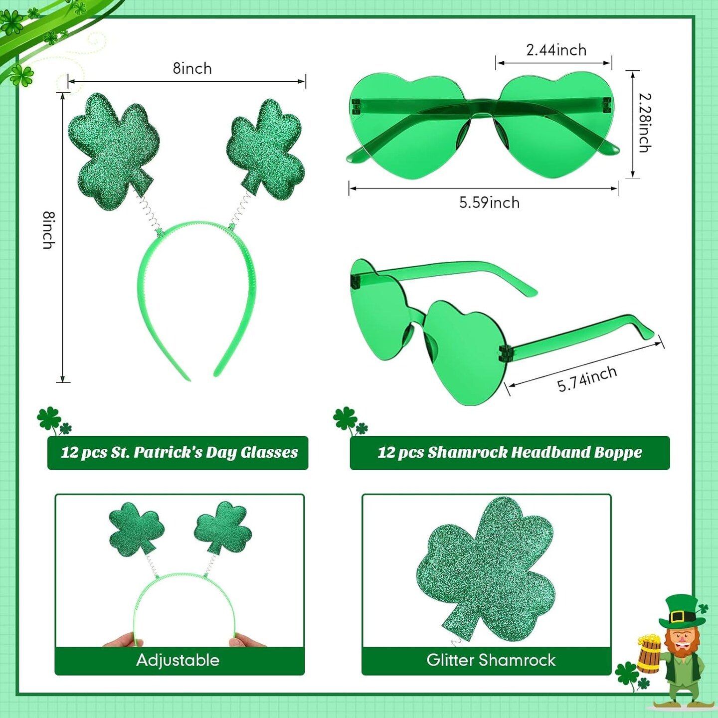 24 Pcs St. Patrick&#x27;s Day Shamrock Headbands Glasses Set, Green St Patricks Day Costume Accessories 12 Pcs Boppers Headwear and 12 Pairs Transparent Rimless Love Eyewear for Irish Party Supplies