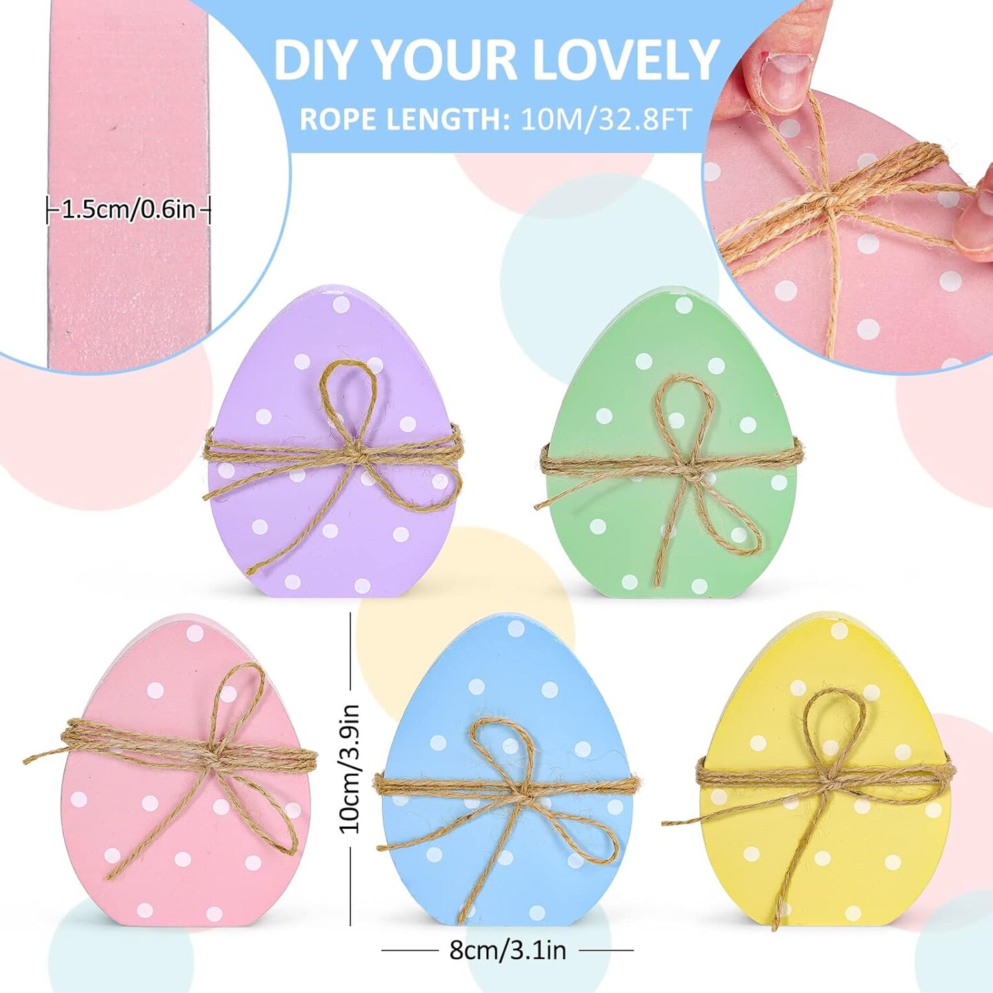 5Pcs Easter Egg Wooden Table Decor Polka Dots Egg Table Centerpieces Cute Spring Easter Standing Egg Wood Signs Easter Tiered Tray Tabletop Decoration with Rope for Home Party Decor