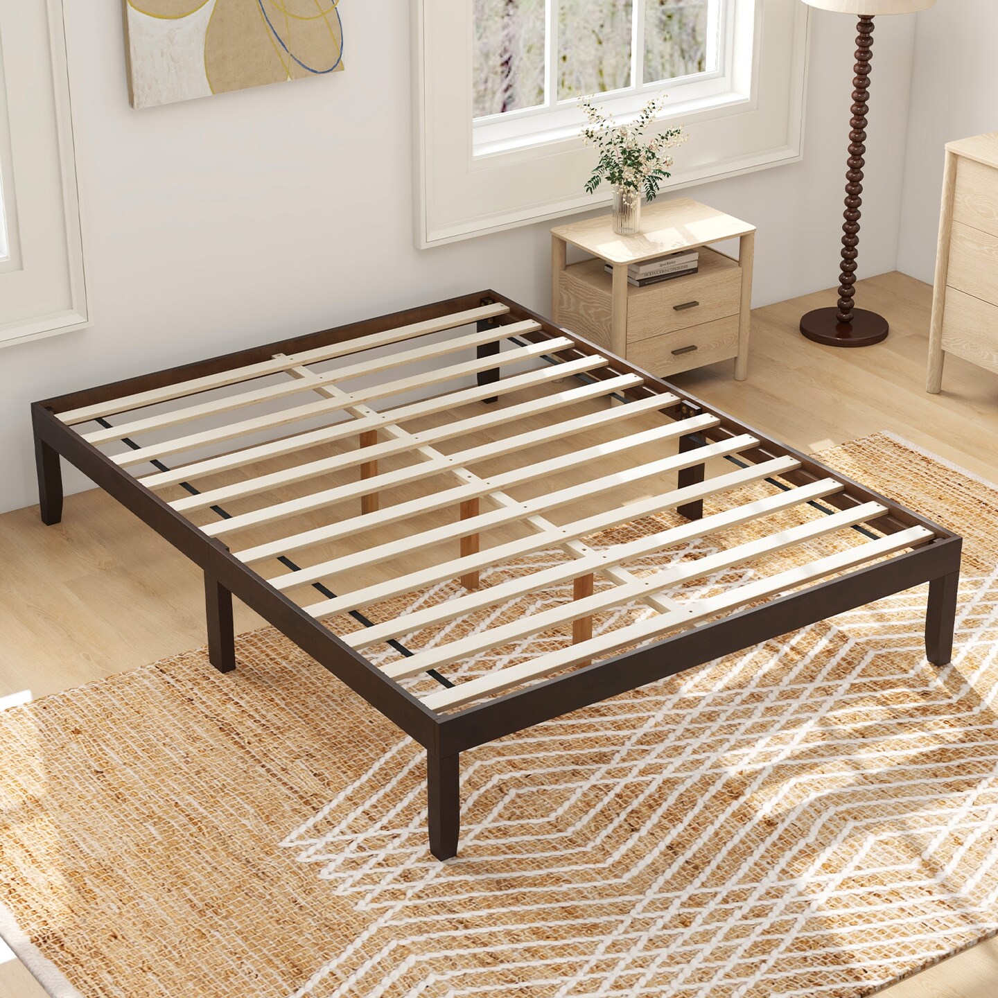 Queen Size Platform Bed Frame with Slats Support and Rubber Wood Legs
