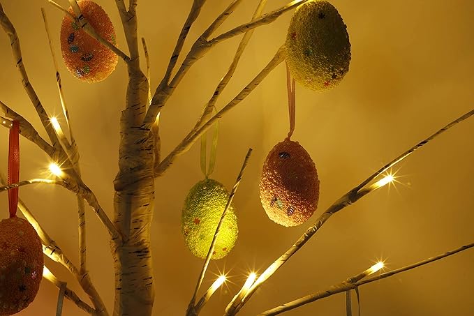 Easter Decorations 24 Inch Pre-lit White Birch Tree with 10 Hanging Easter Egg Ornaments, 24 Led Lights Battery Operated Easter Table Centerpiece for Party Birthday Home Spring Decoration