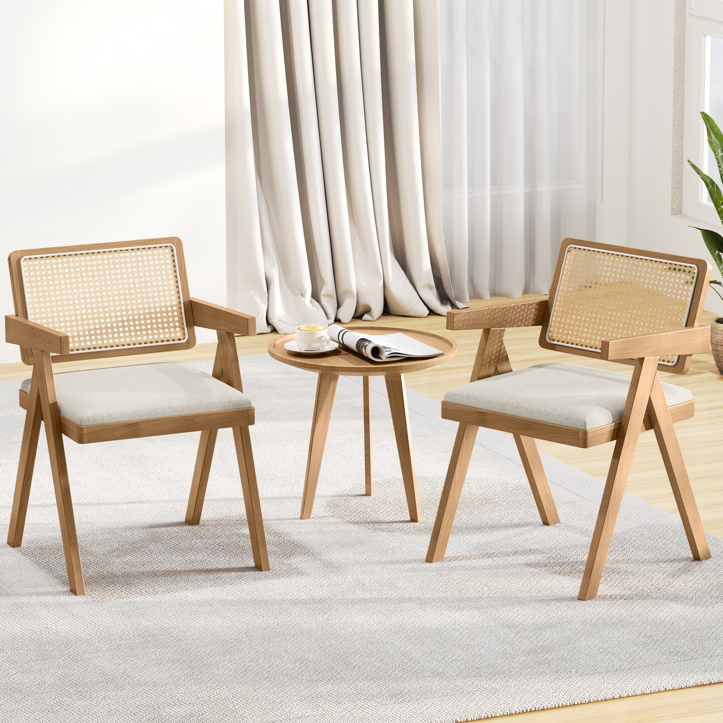 Set of 2 Rattan Accent Chairs with Padded Cushion &#x26; Rubber Wood Frame for Living Room