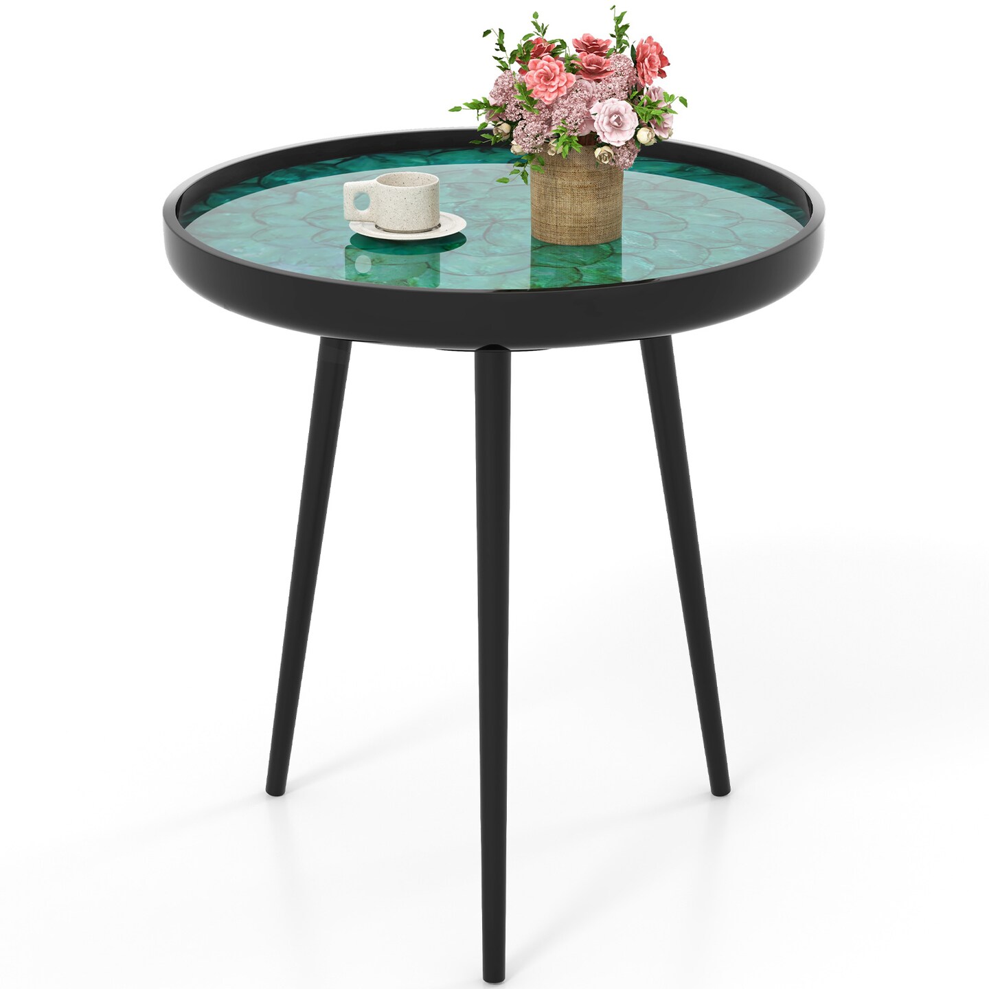 Green Wood Mid-Century Modern Coffee End Table with 16/20 Inch Sea Shell Decoration