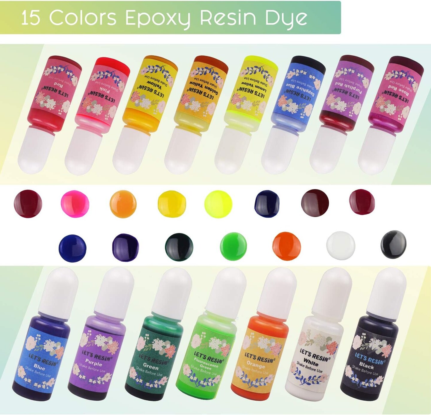 LET&#x27;S RESIN Epoxy Resin Dye,15 Color Translucent Epoxy Resin Pigment,Odorless Concentrated Epoxy Resin Paint Each 0.35oz,Liquid Resin Colorant for Resin Coloring,Epoxy Resin,Resin Molds
