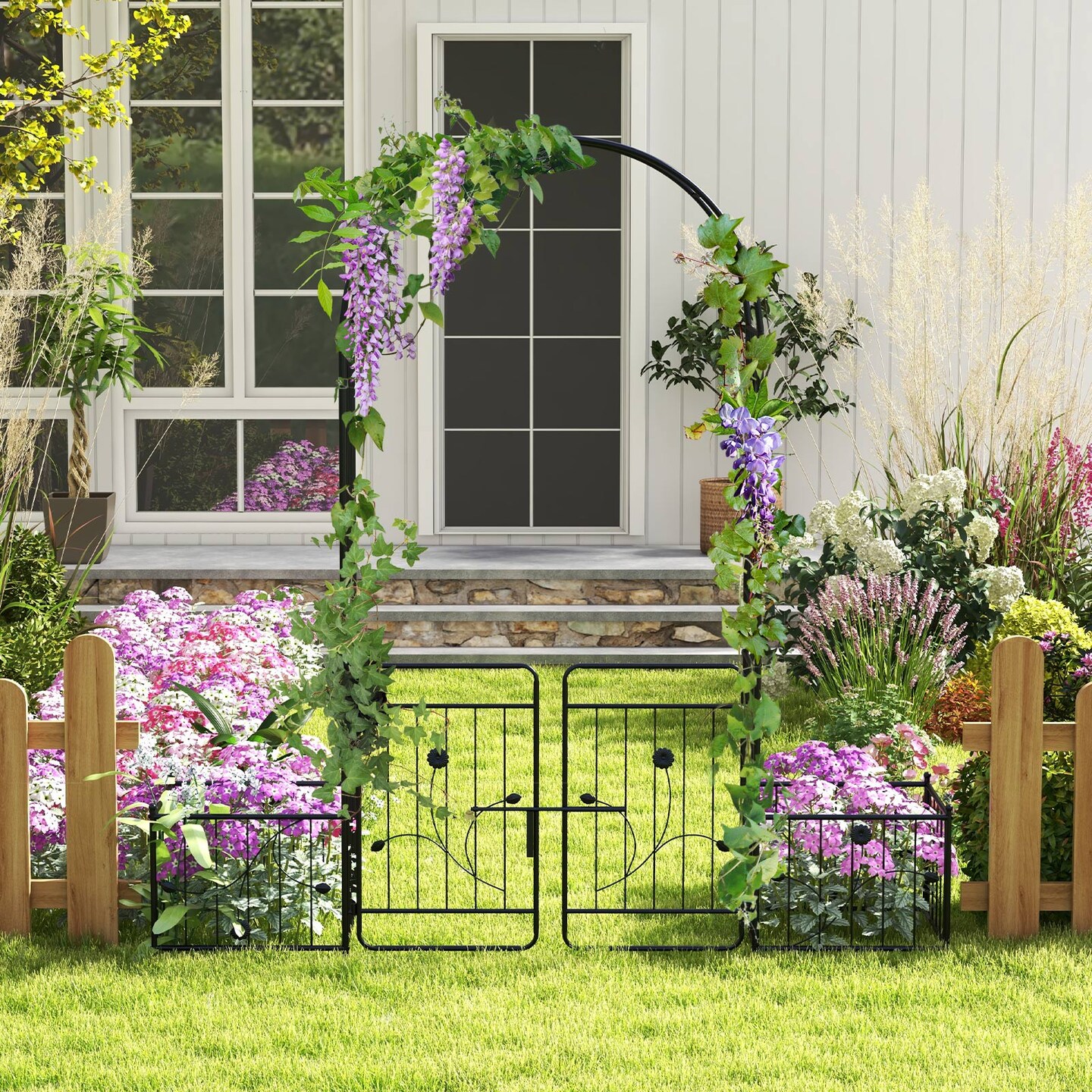 87 Inches Black Garden Arbor with 2 Side Planters and 2 Lockable Door Gate Perfect for Any Decoration
