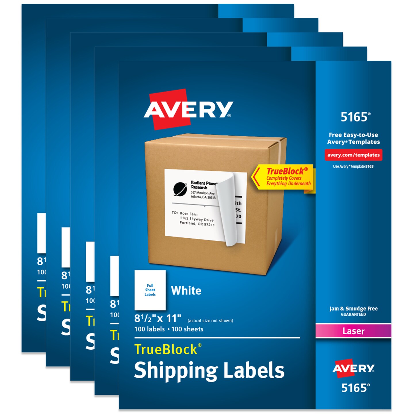 Avery Full-Sheet Printable Shipping Labels, 8.5" x 11" Customizable Stickers, White, 100 Blank Mailing Labels, Great for Mailing, Shipping, Organizing, and More (5165) - 5 Pack