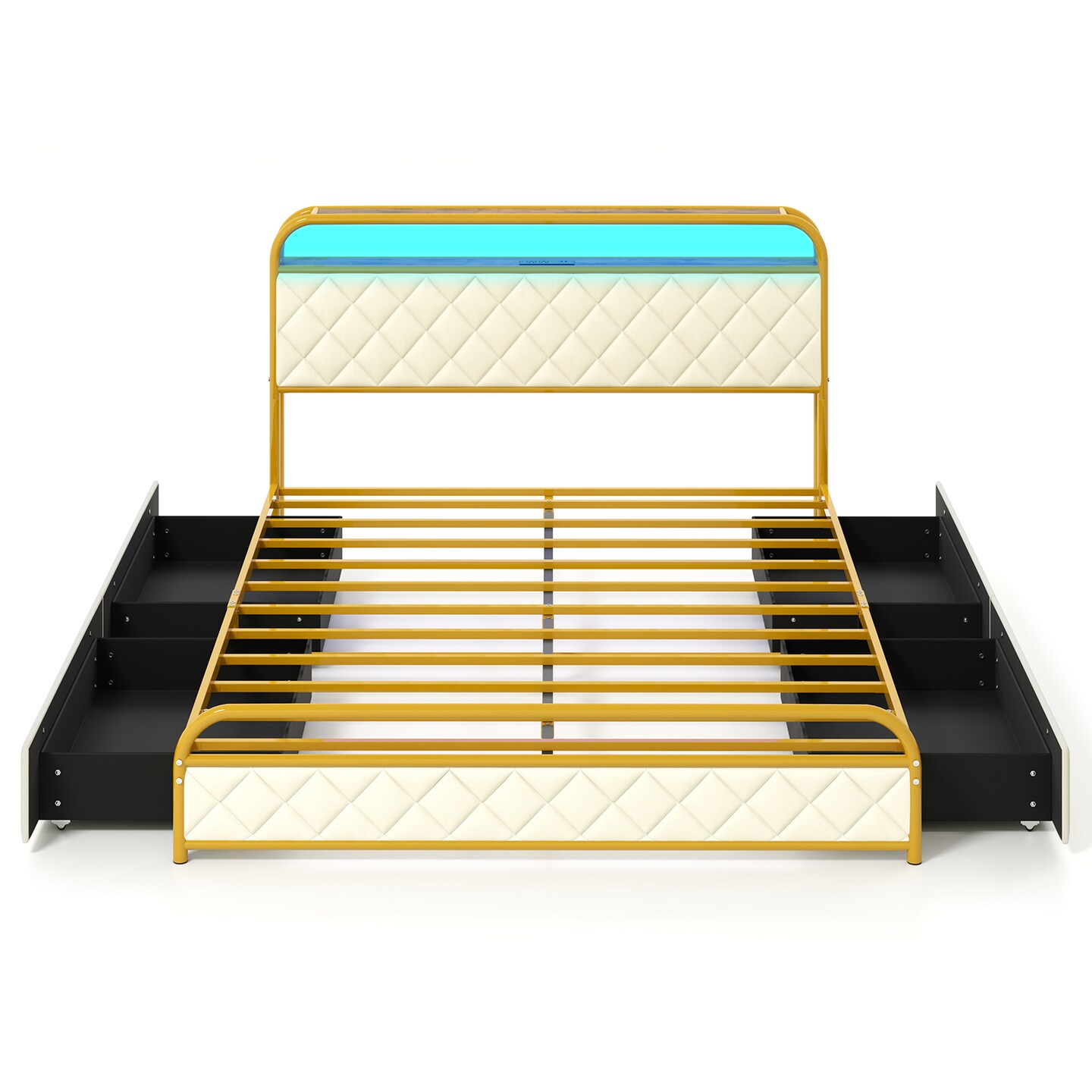 Bed Frame with LED Lights and Charging Station Gold