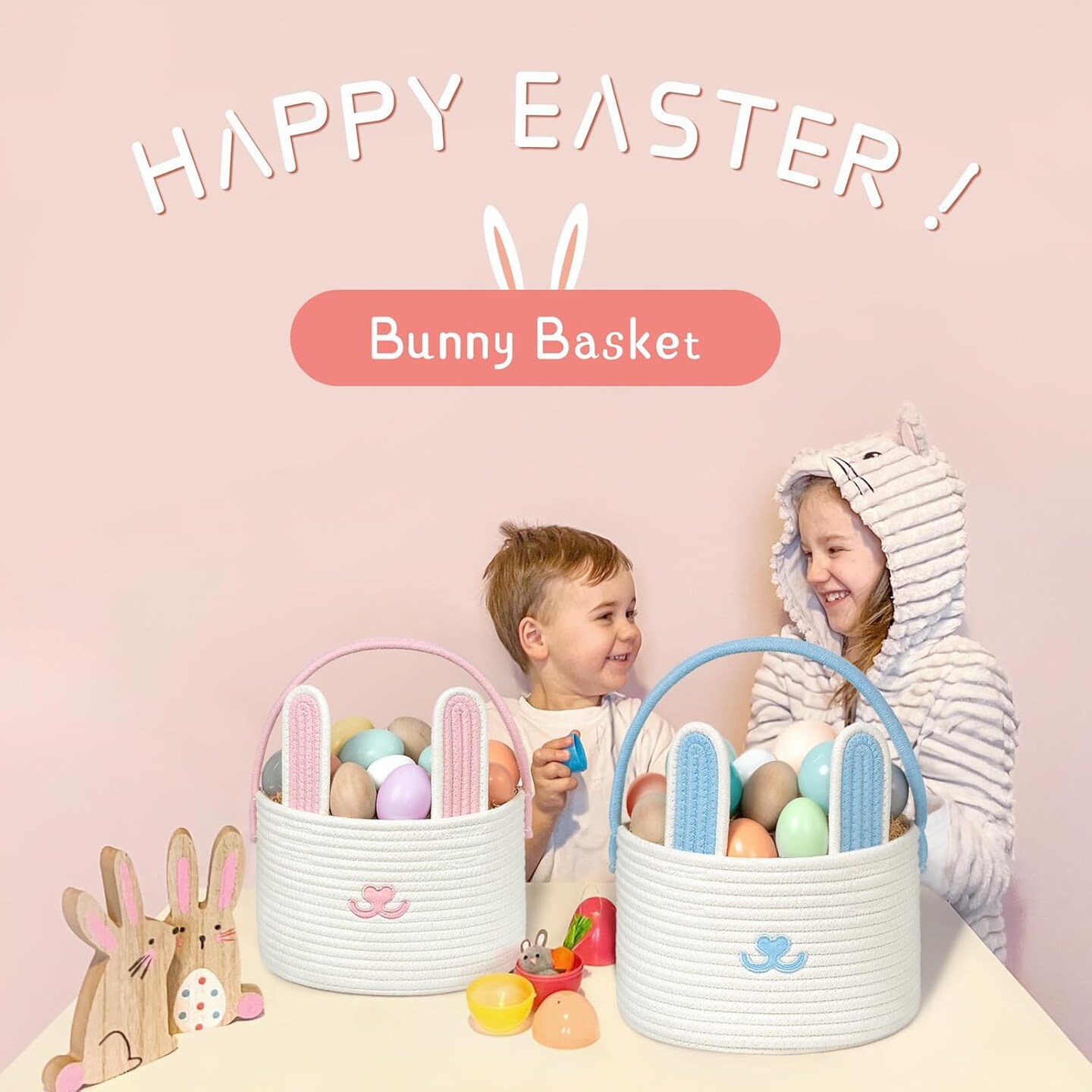 Baby Easter Basket Empty Gift Basket, Woven Rope Basket with Handles, Easter Bunny Baskets for Toddle Boys Girls, Easter Egg Basket with Decorative Rabbit, Pink